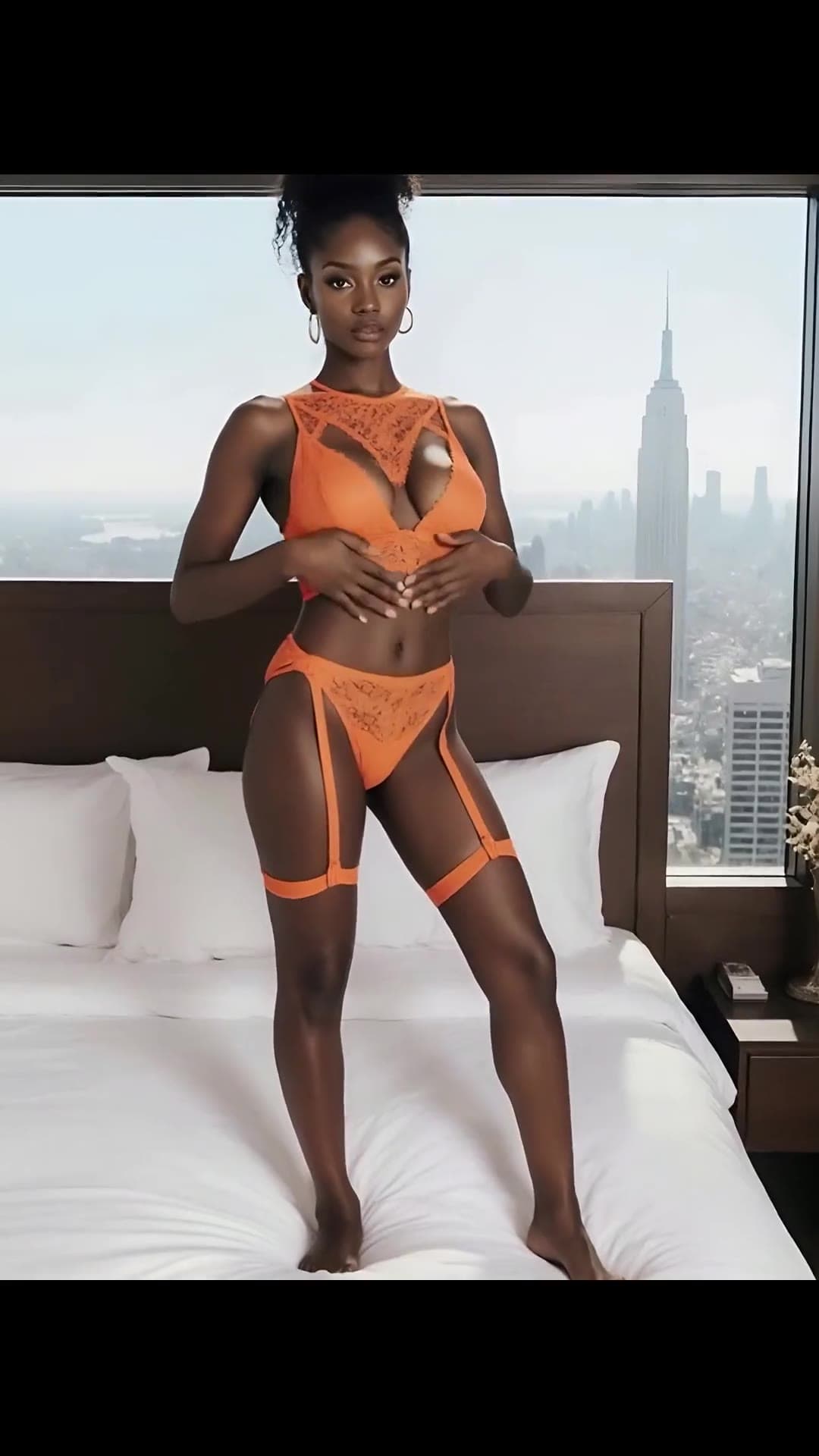 Orange lace lingerie on NYC skyline bed