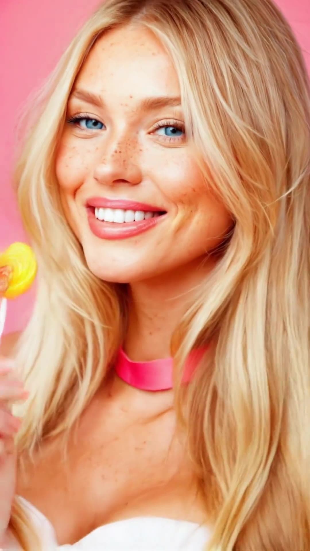 Blonde with lollipop close-up smile