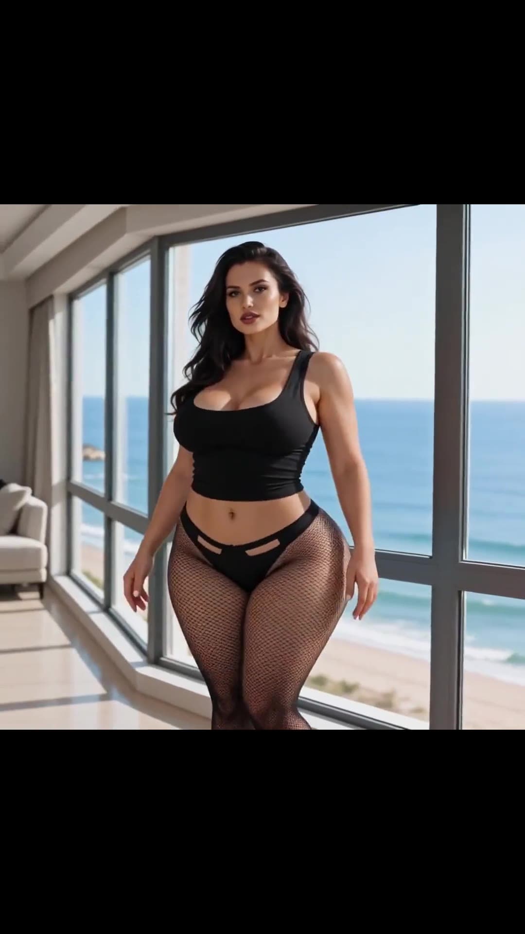 Ocean view in fishnet stockings