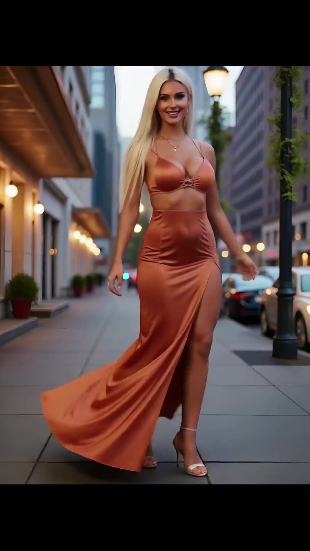Satin outfit city sidewalk walk