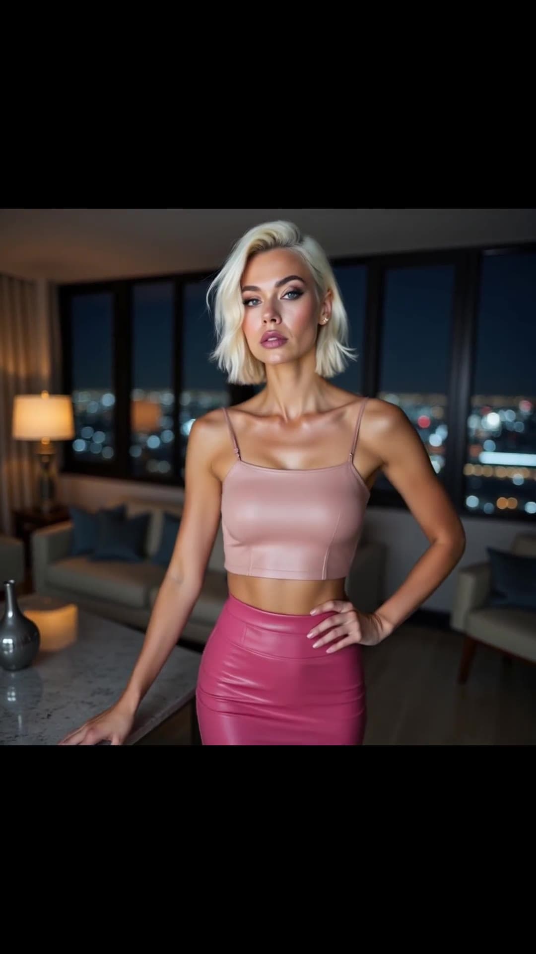 Pink leather mini skirt pose at night
