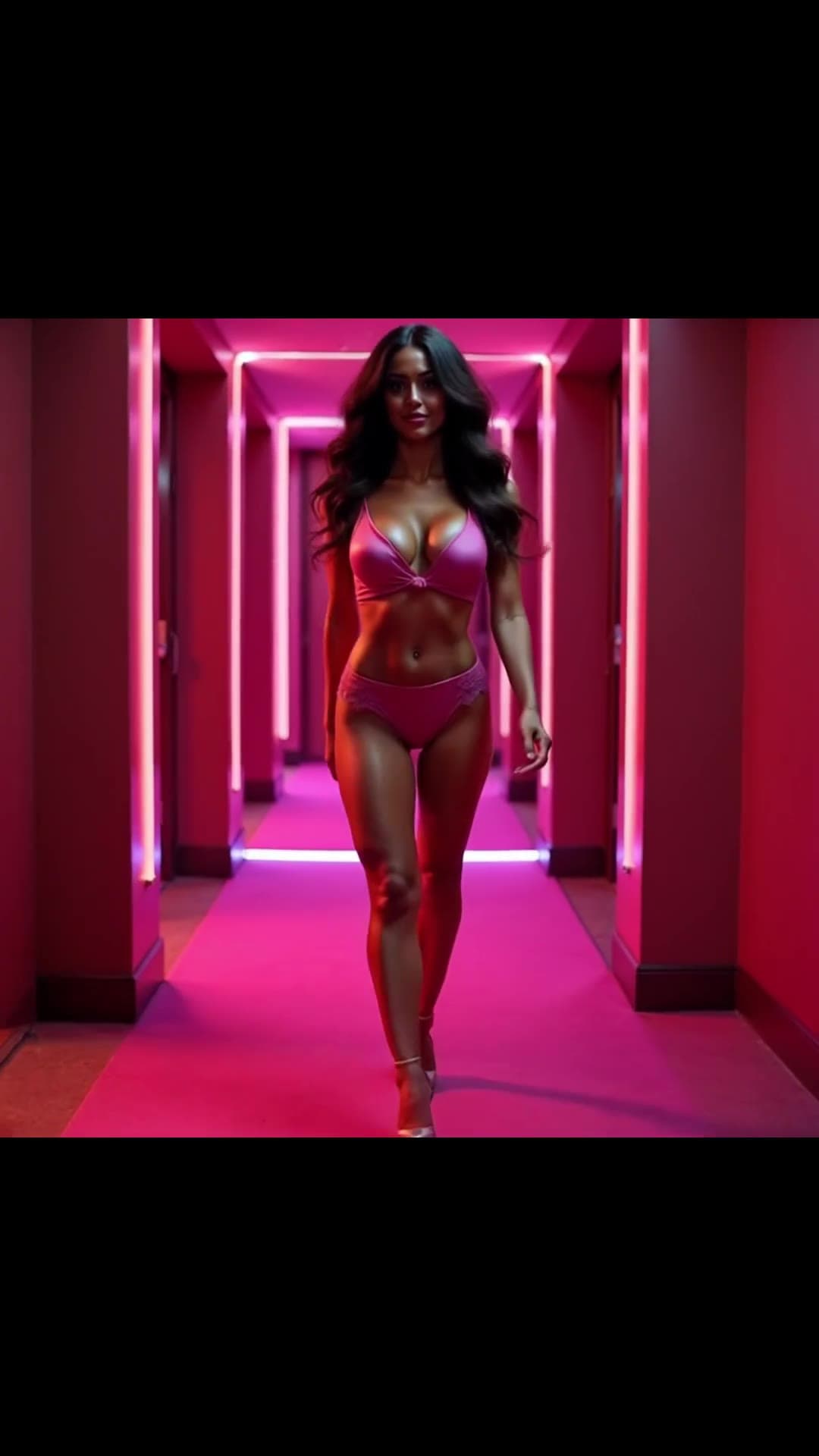 Pink neon hallway satin lingerie