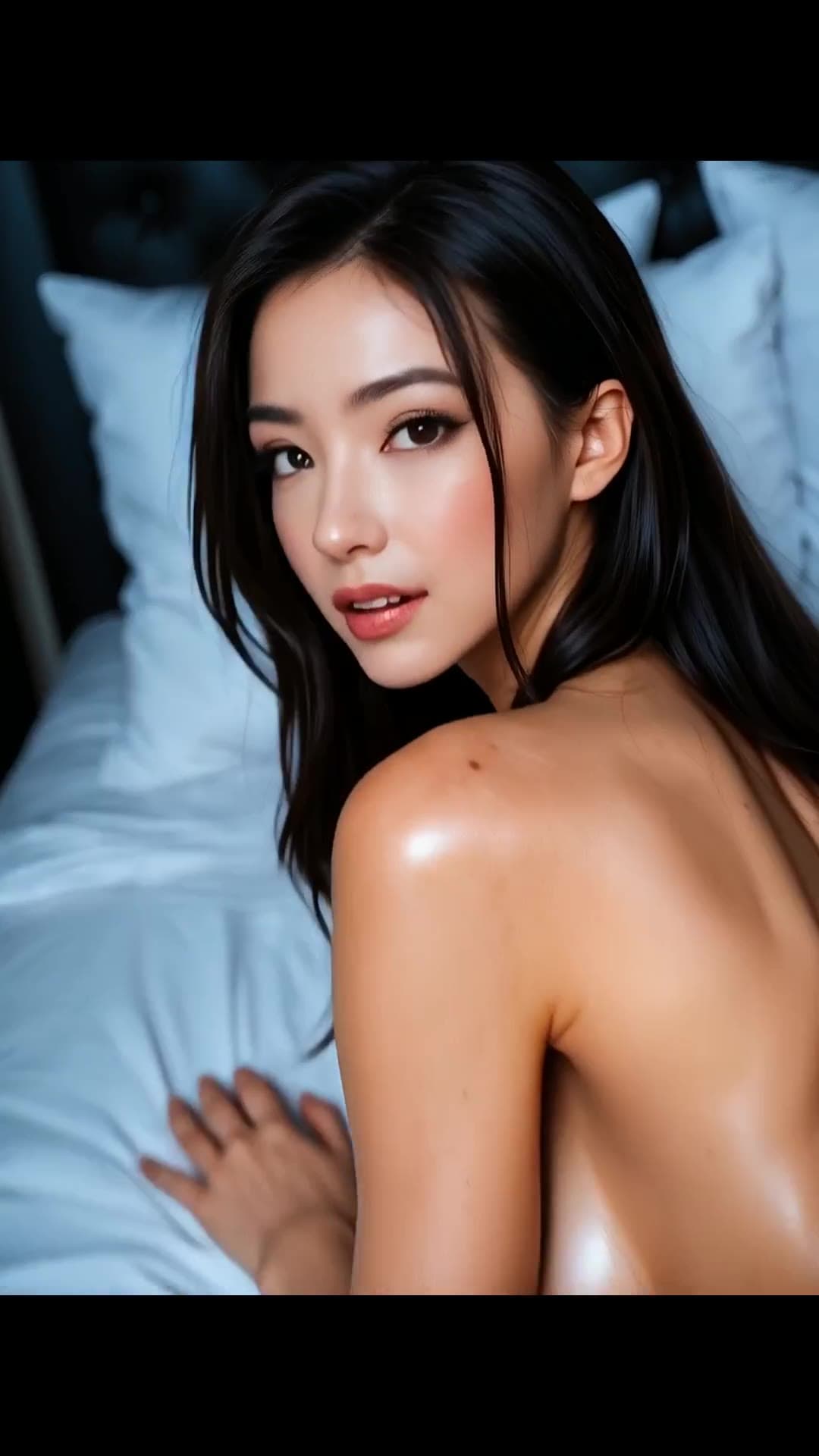 Topless back view on white sheets
