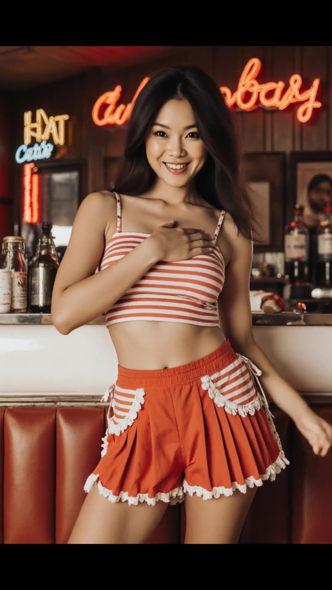 Slim brunette crop top bar pose