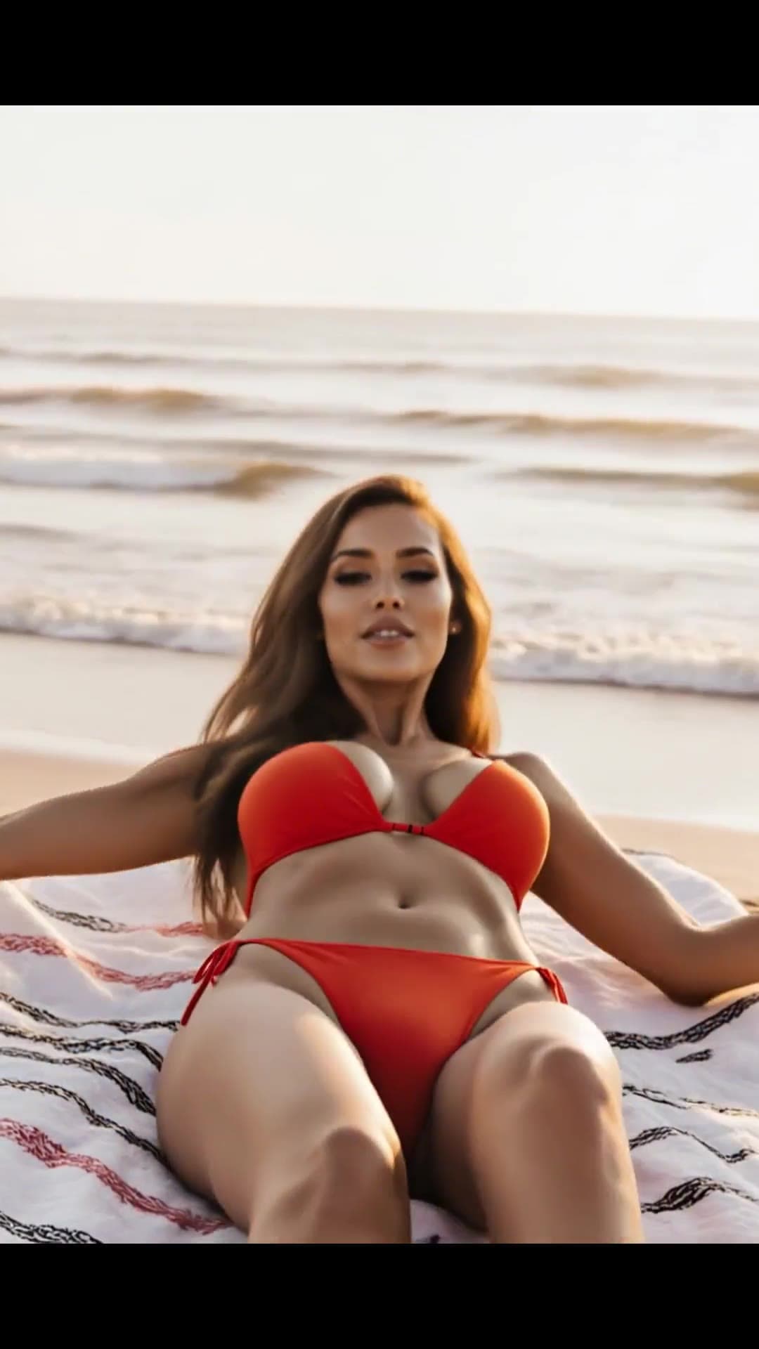 College latina in red bikini on beach