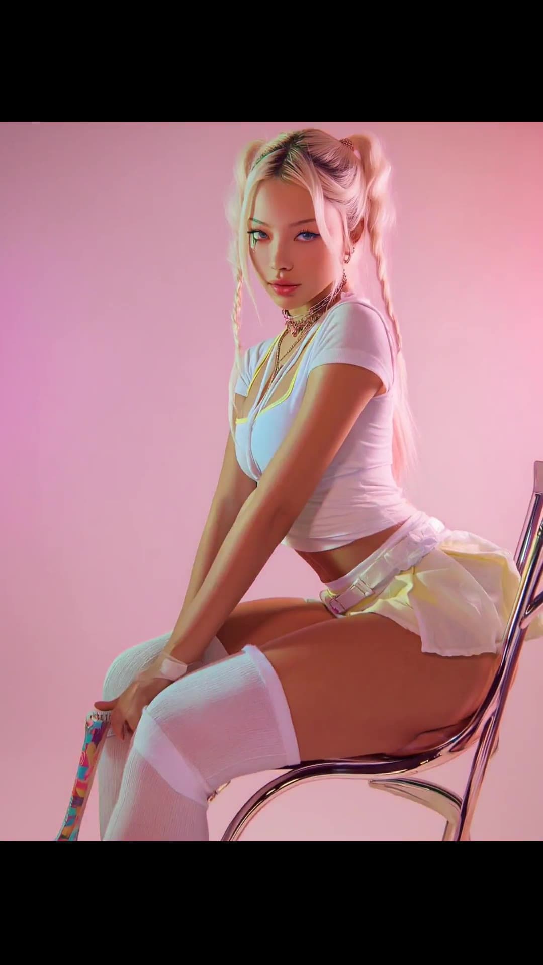 Platinum pigtails pink studio pose