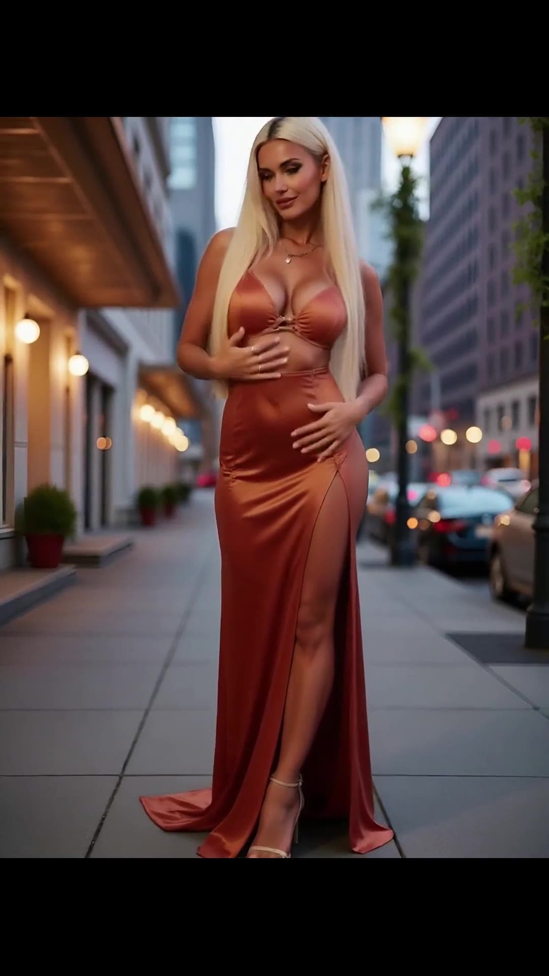 Curvy blonde pregnant in satin dress