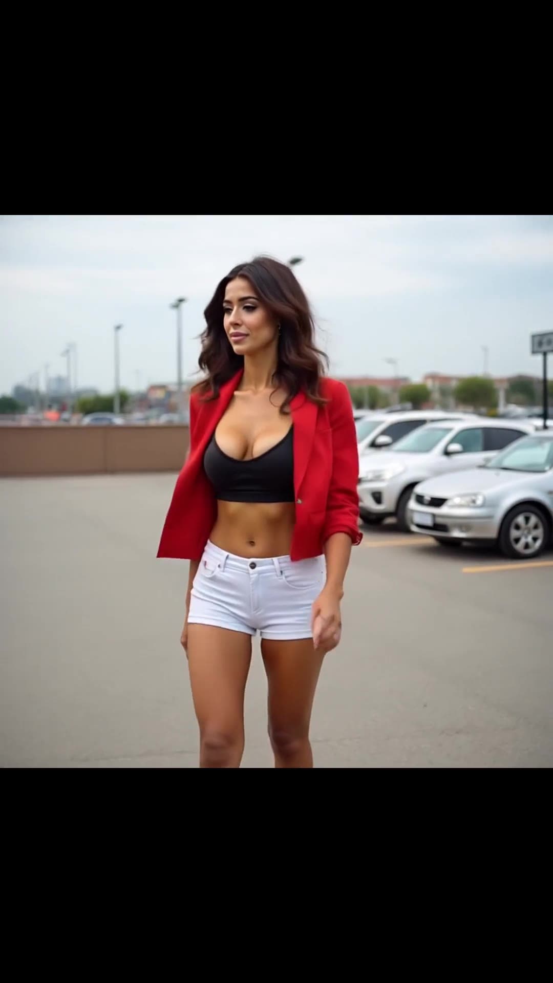 Low angle parking lot pose in red blazer