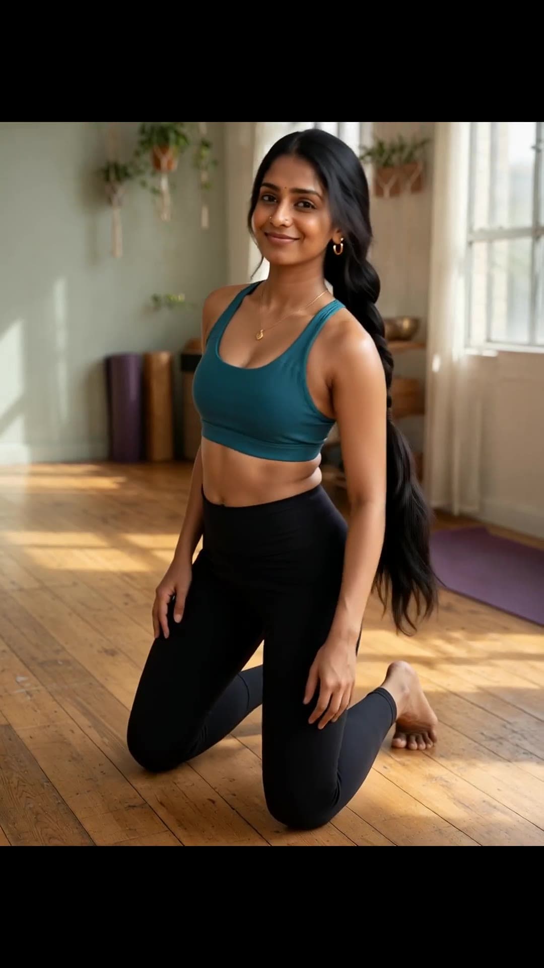 Blonde in teal sports bra yoga pose