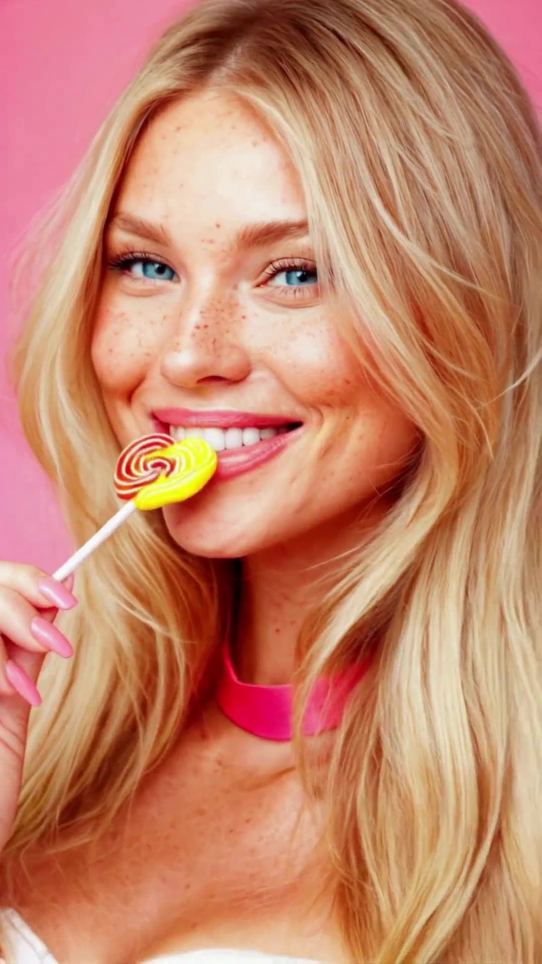 Lollipop tease close-up on pink