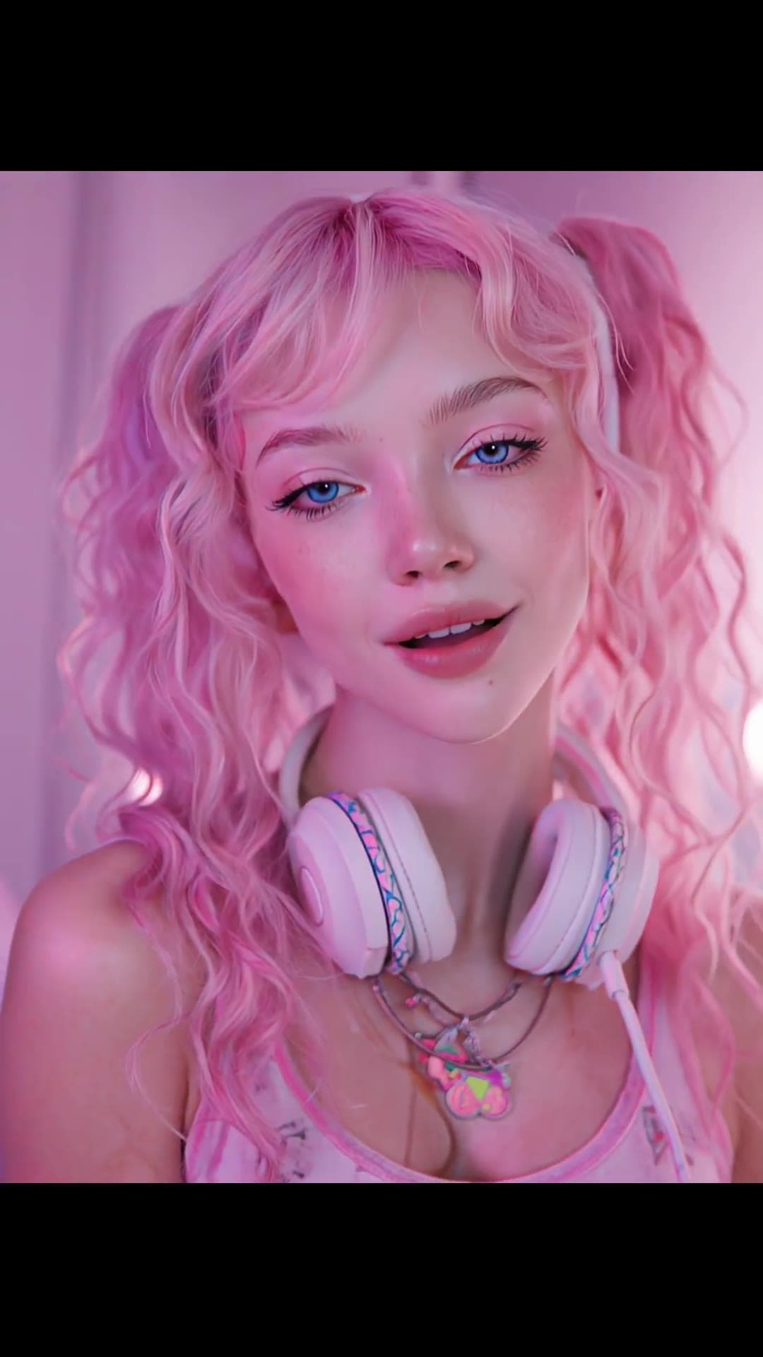 Pink pigtails neon bedroom selfie