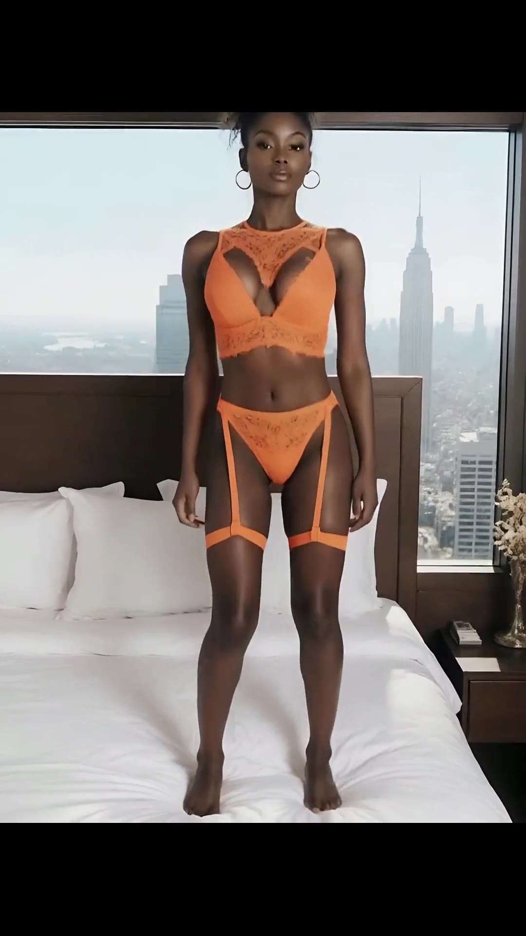 Green eyed brunette in orange lingerie