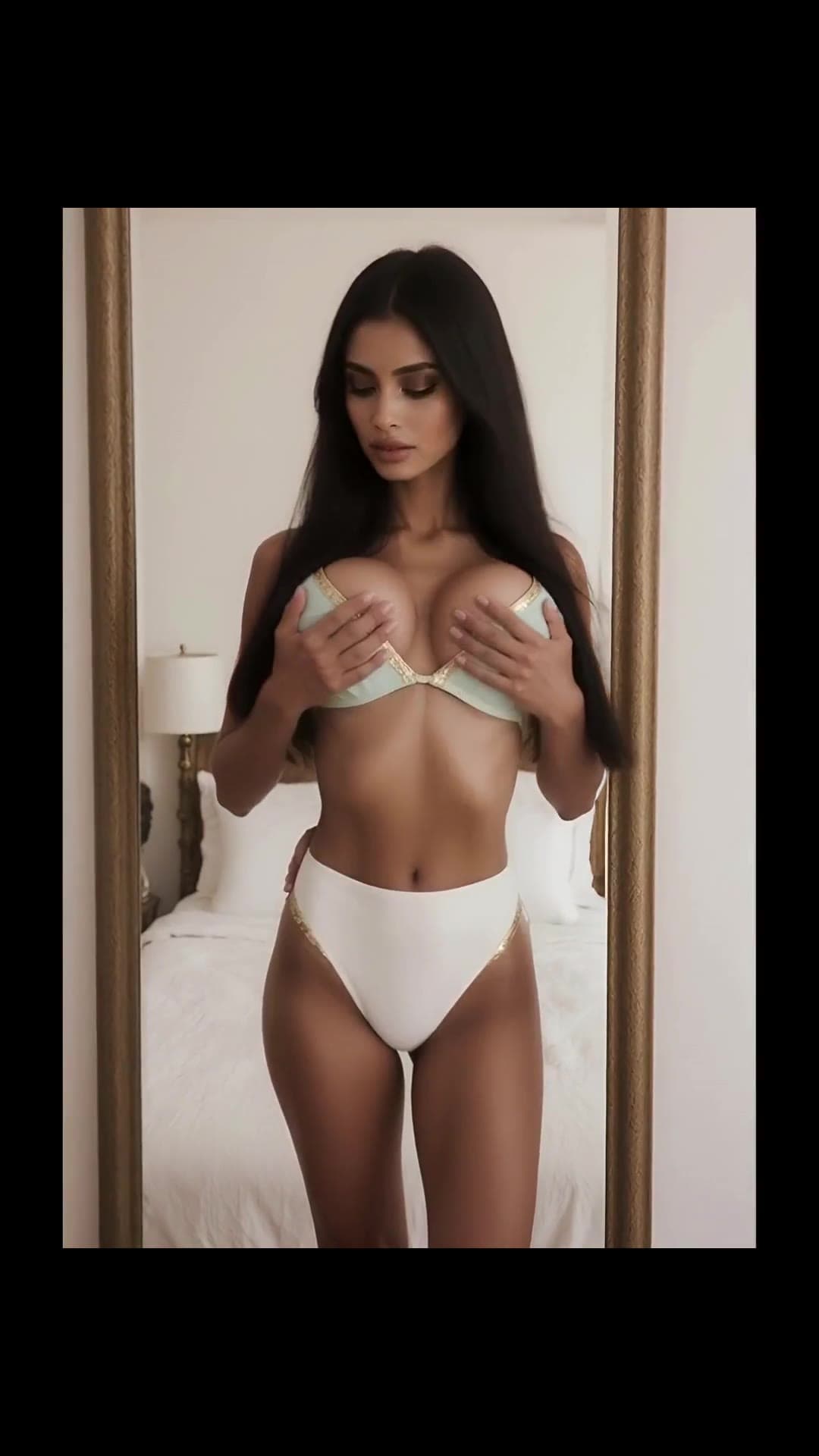 Curvy blonde in mint lingerie mirror pose