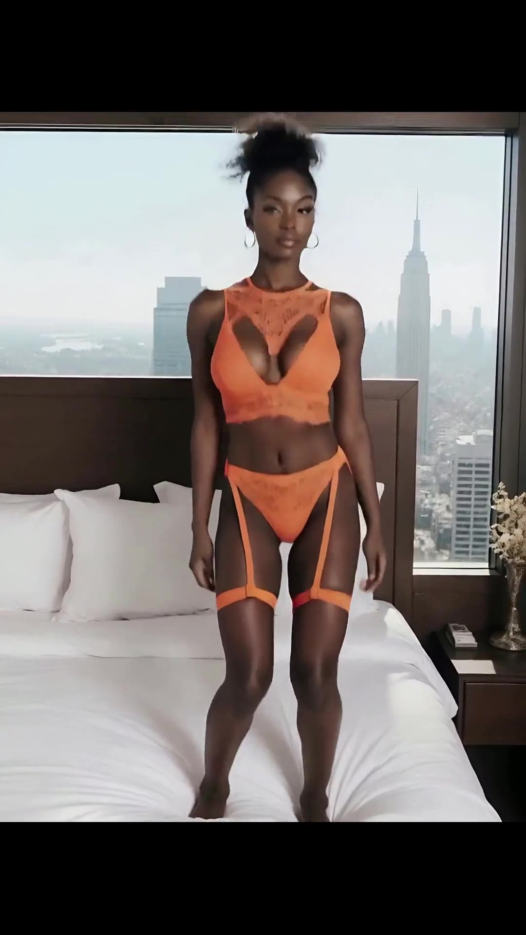 Slim body in orange lace lingerie