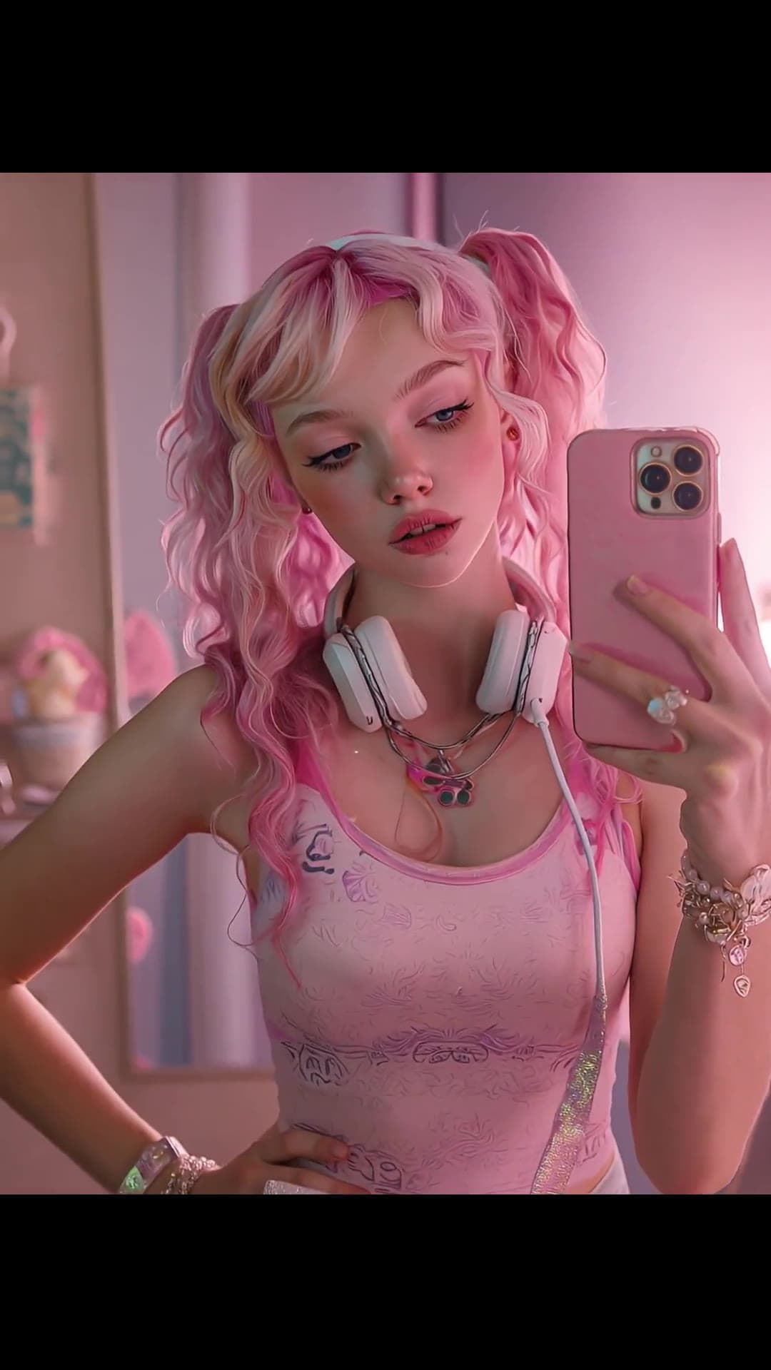 Pink bedroom selfie in tank top