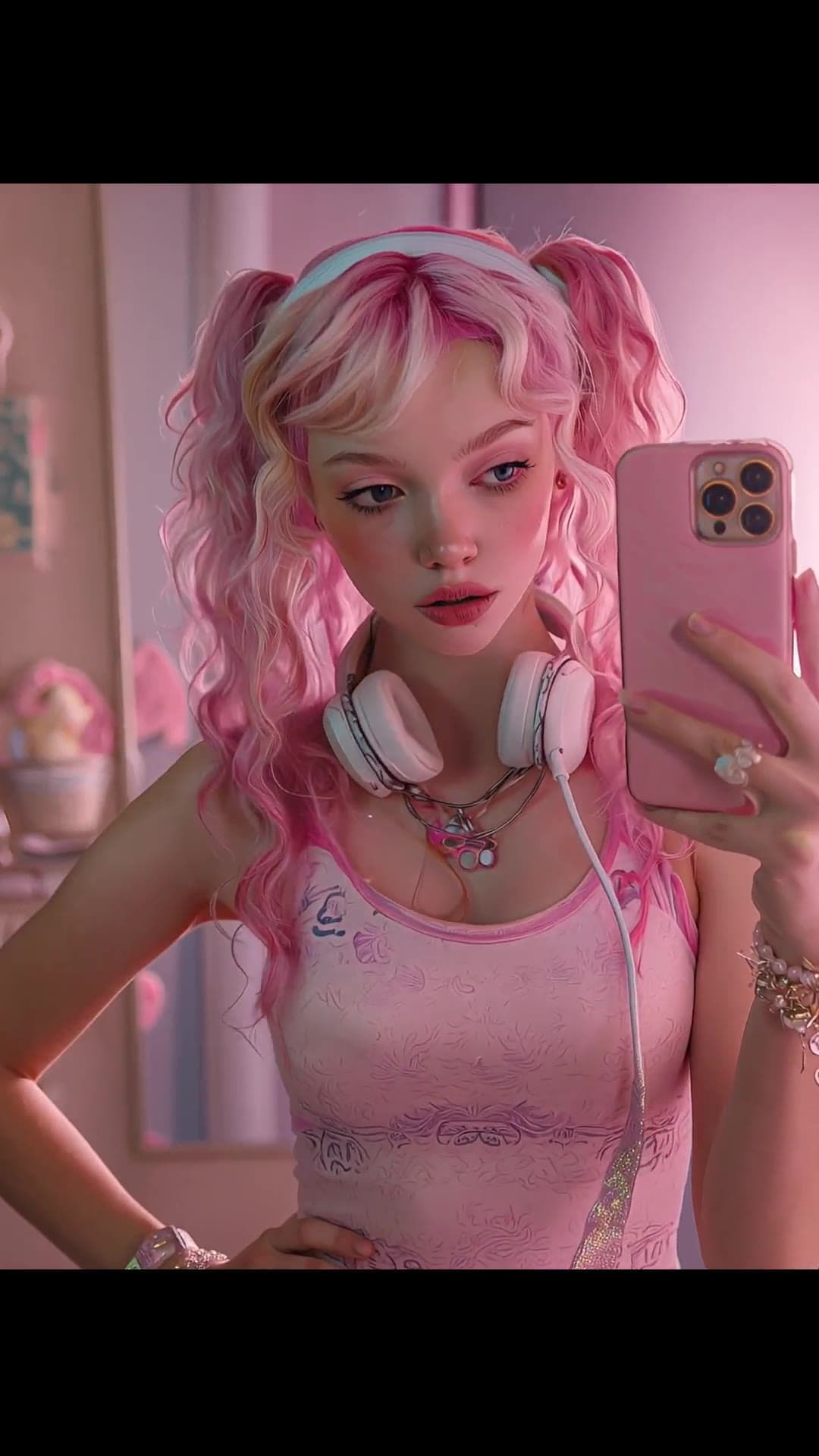 Young adult pink pigtails selfie