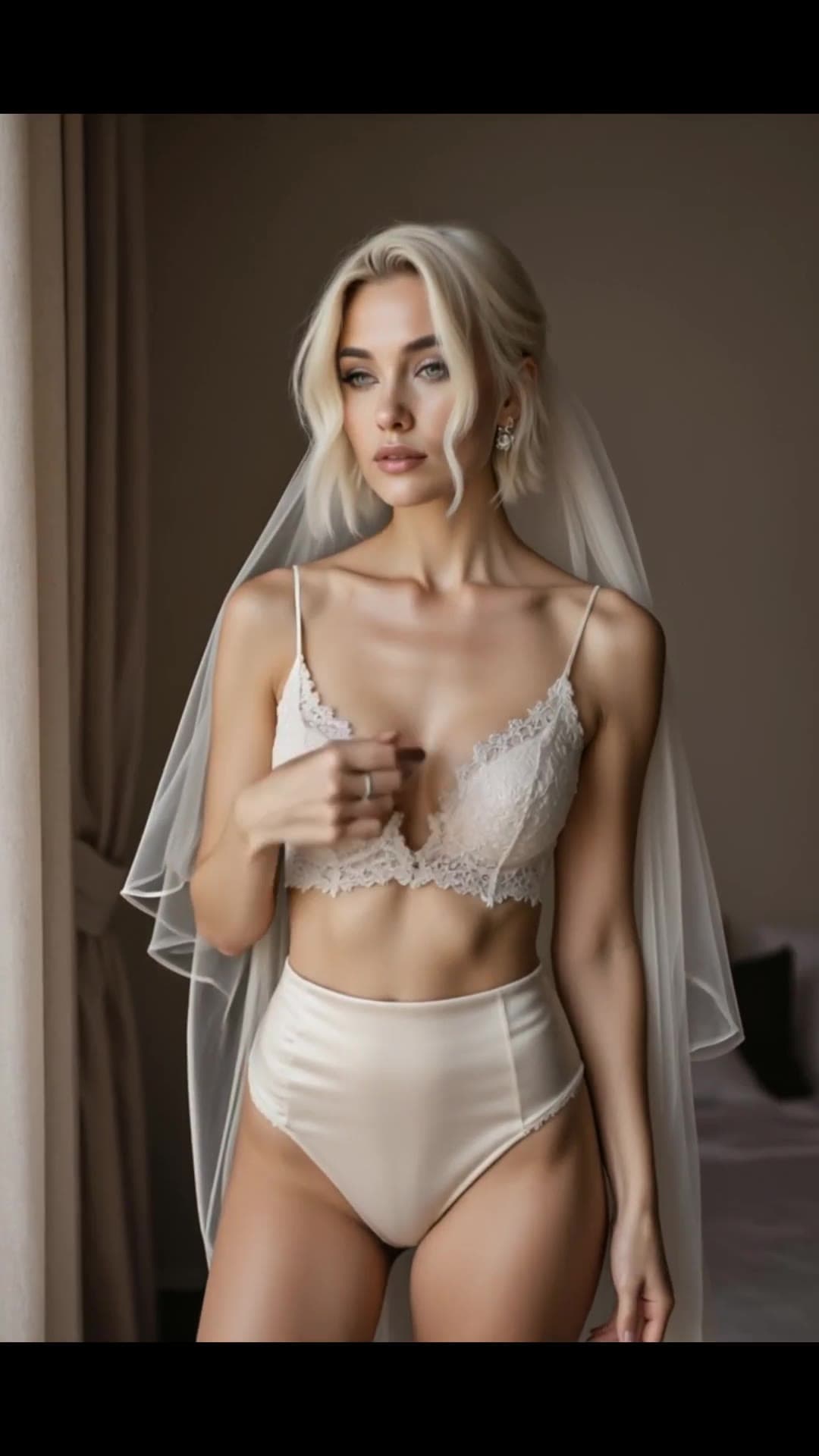Young adult in sheer veil bedroom