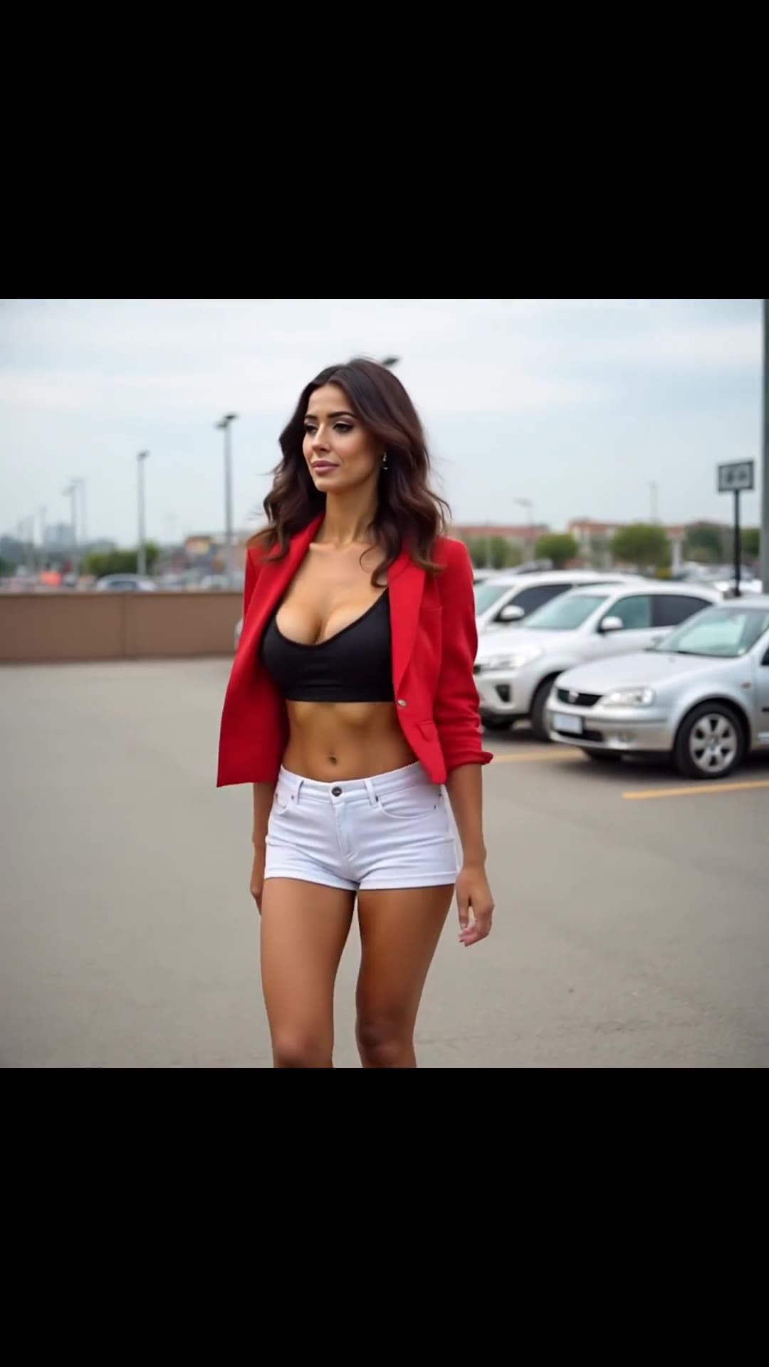 Latina in red blazer parking lot