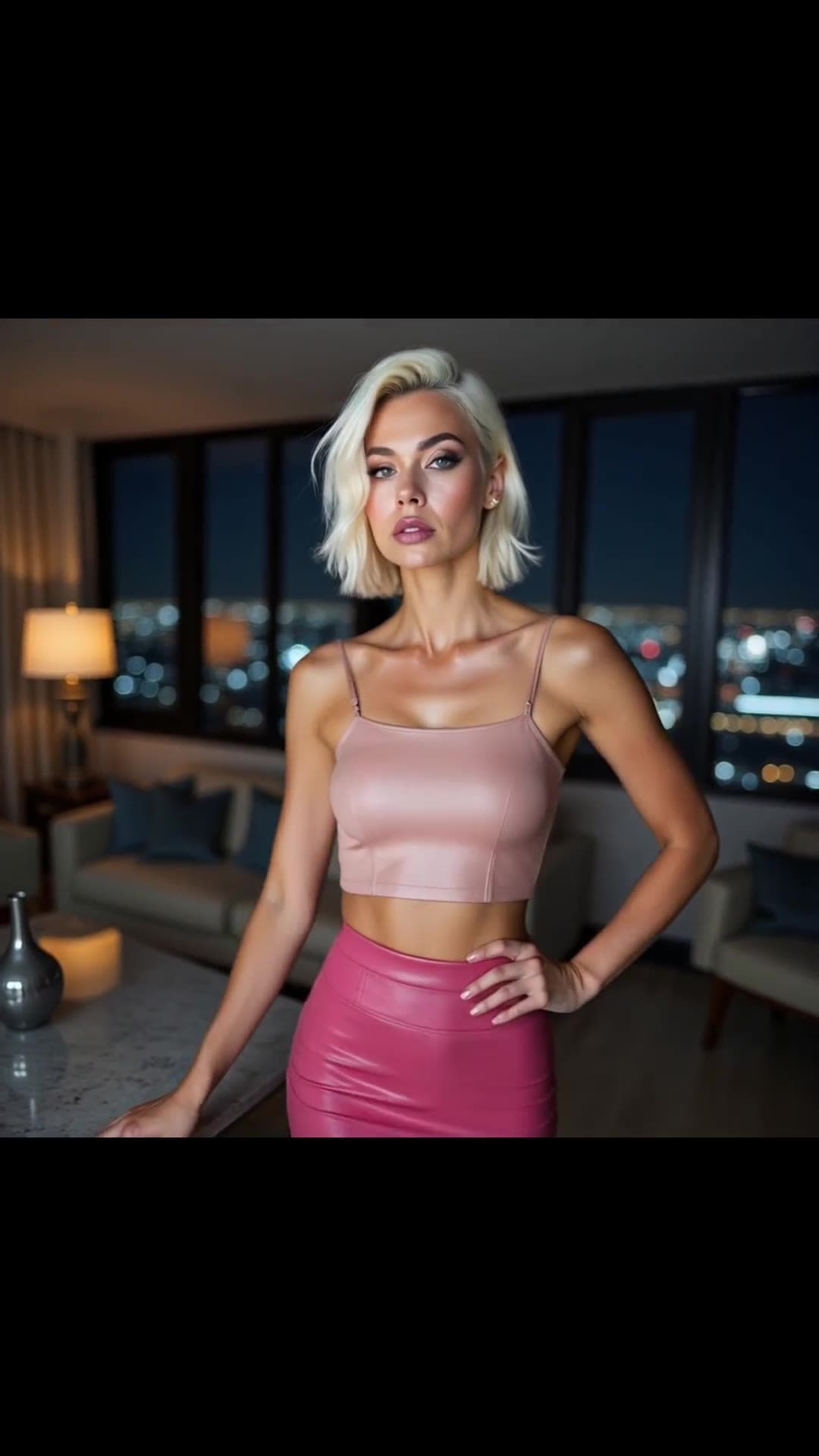 Confident pink crop top pose in high-rise