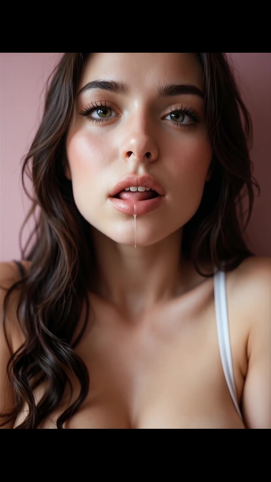Wavy brown hair cum on chin close-up