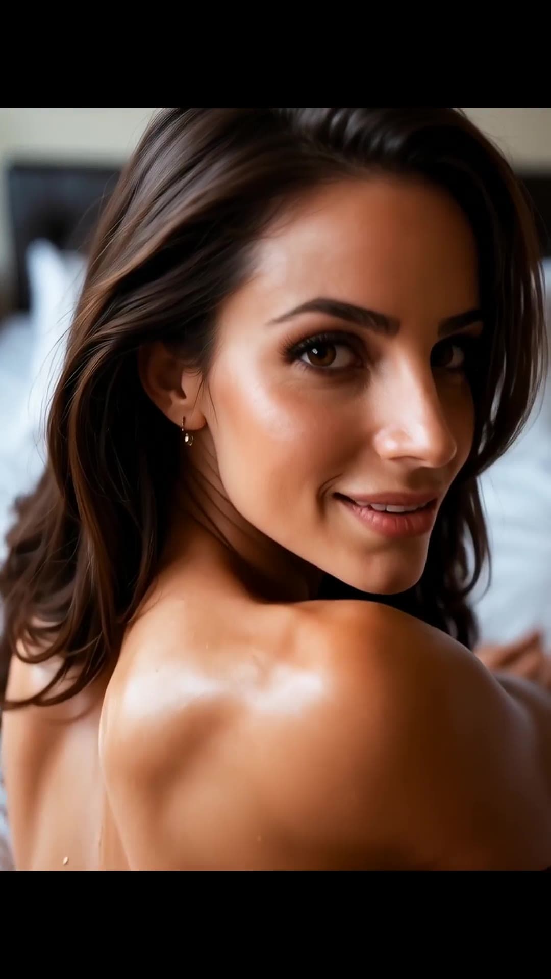 Long wavy brown hair over bare shoulder