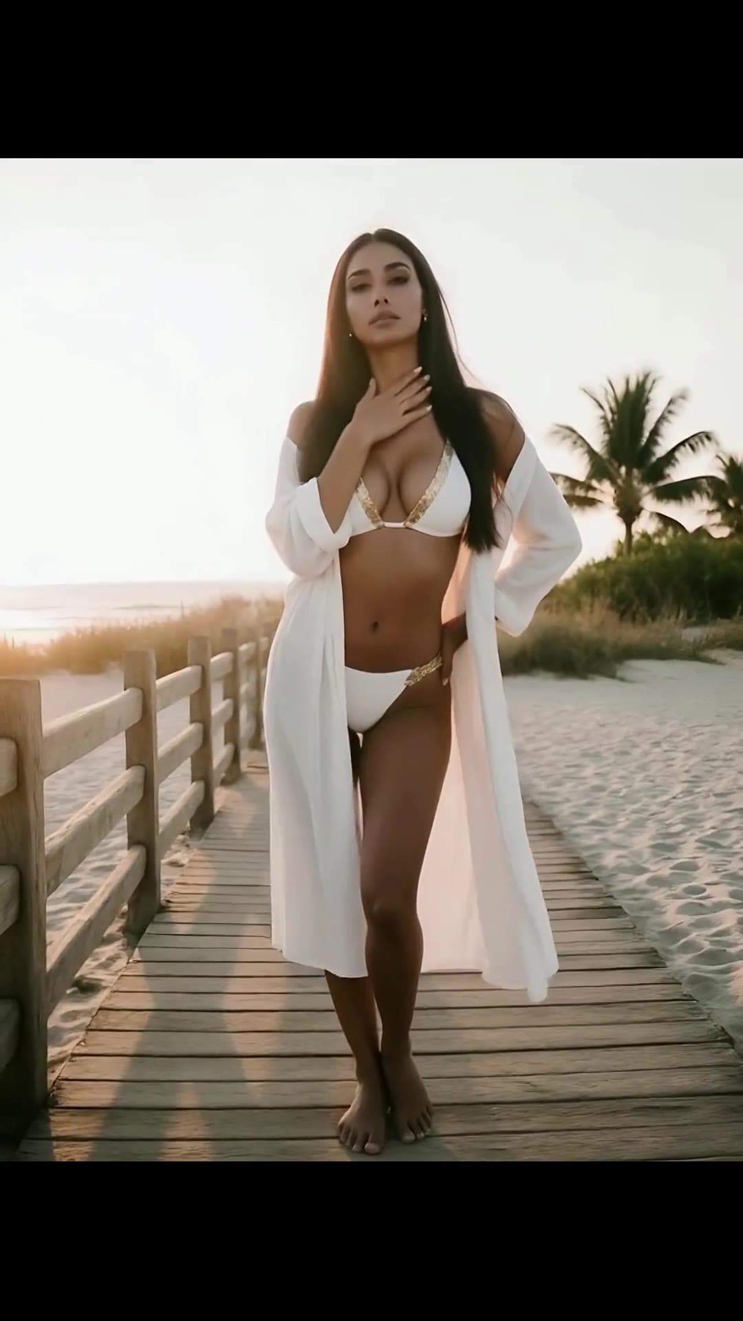 Slim toned body on beach boardwalk
