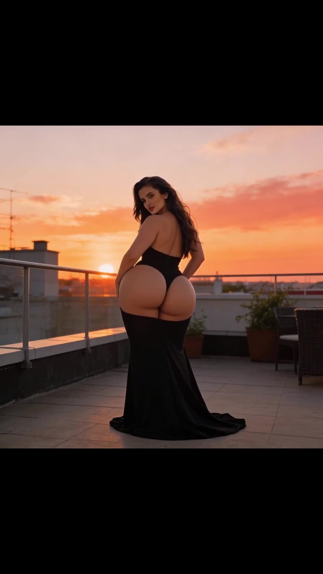 Long dark hair over shoulder on rooftop