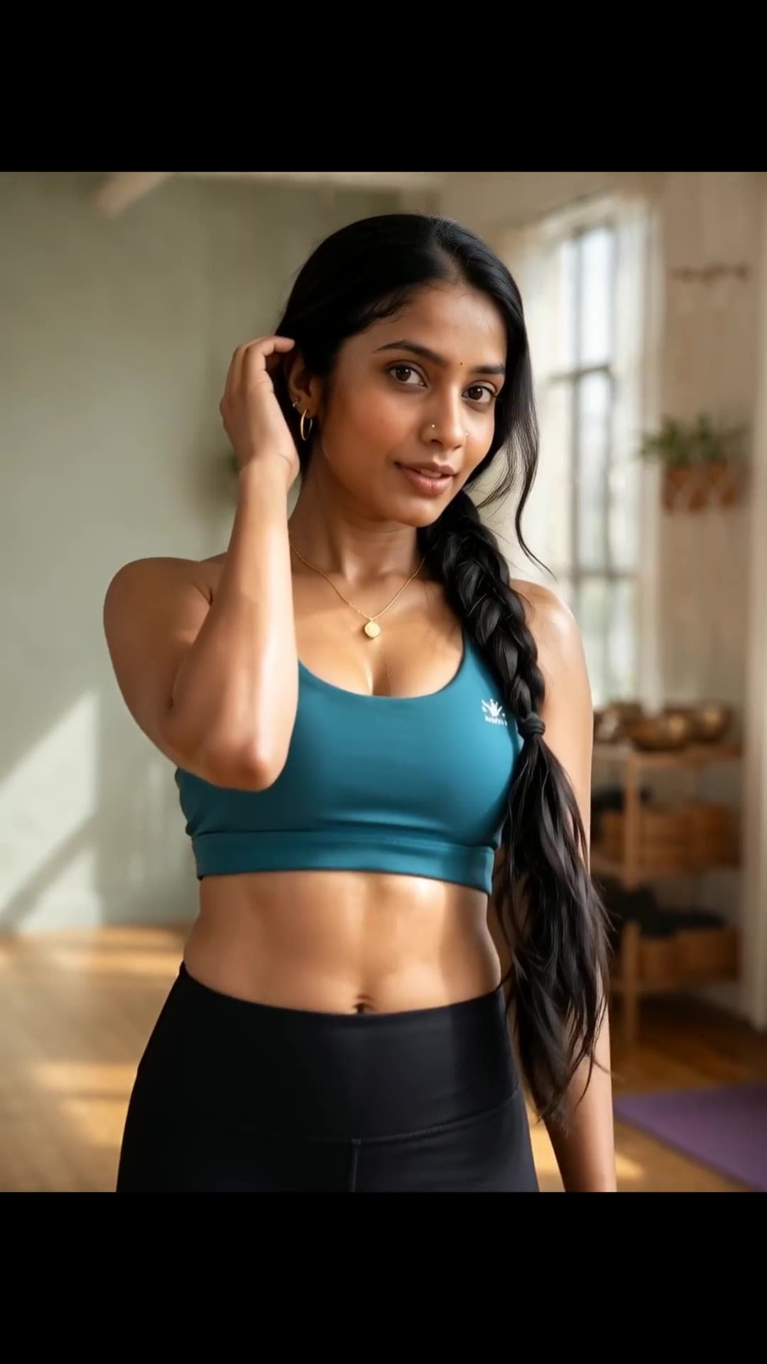 Yoga studio mirror selfie in teal sports bra