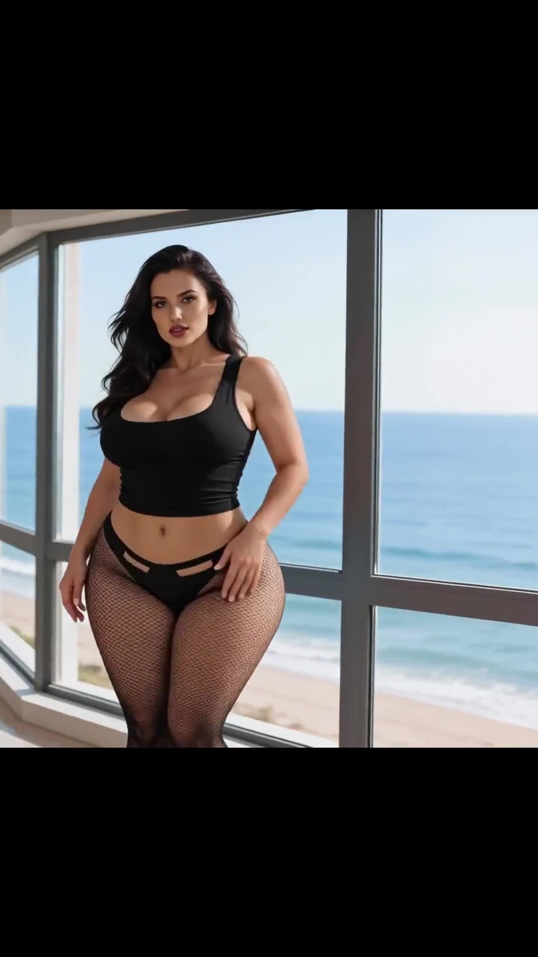 Fishnet stockings by ocean window