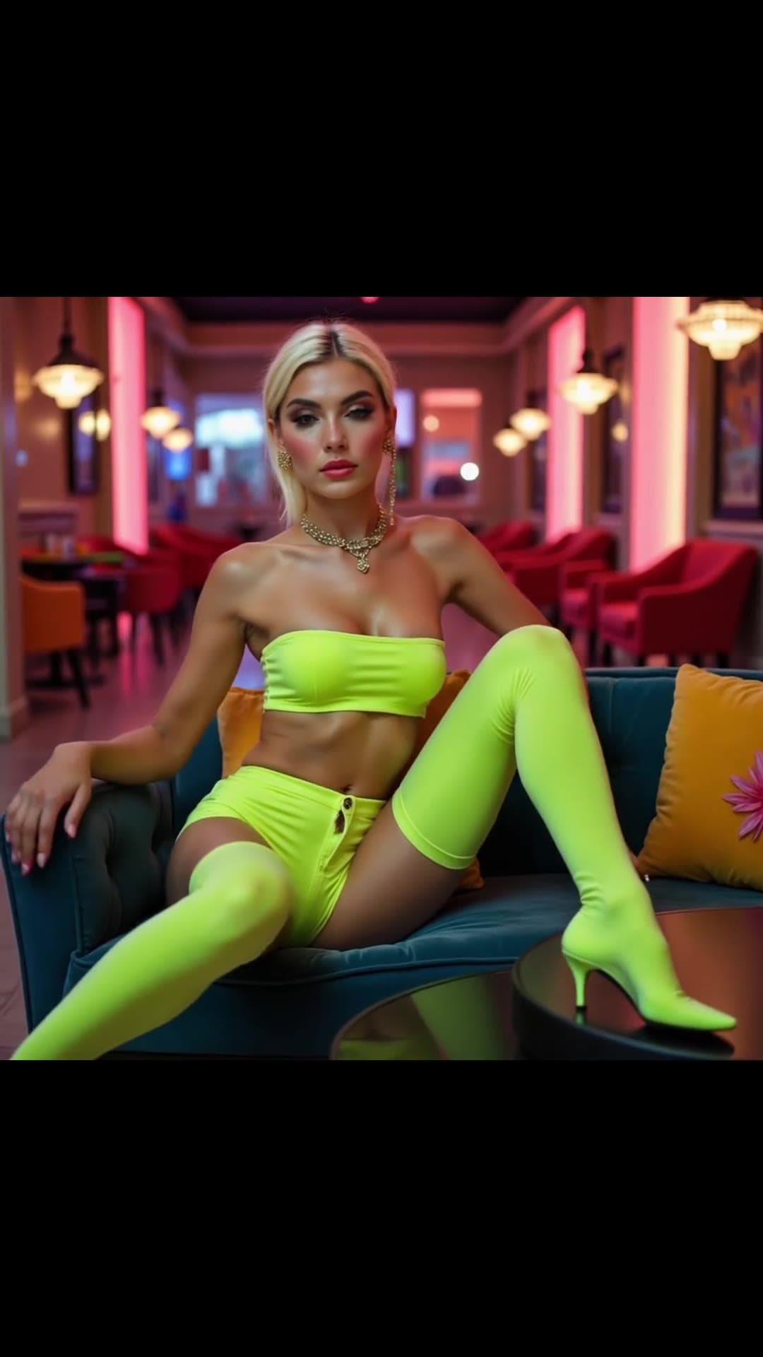 Neon yellow outfit on teal couch