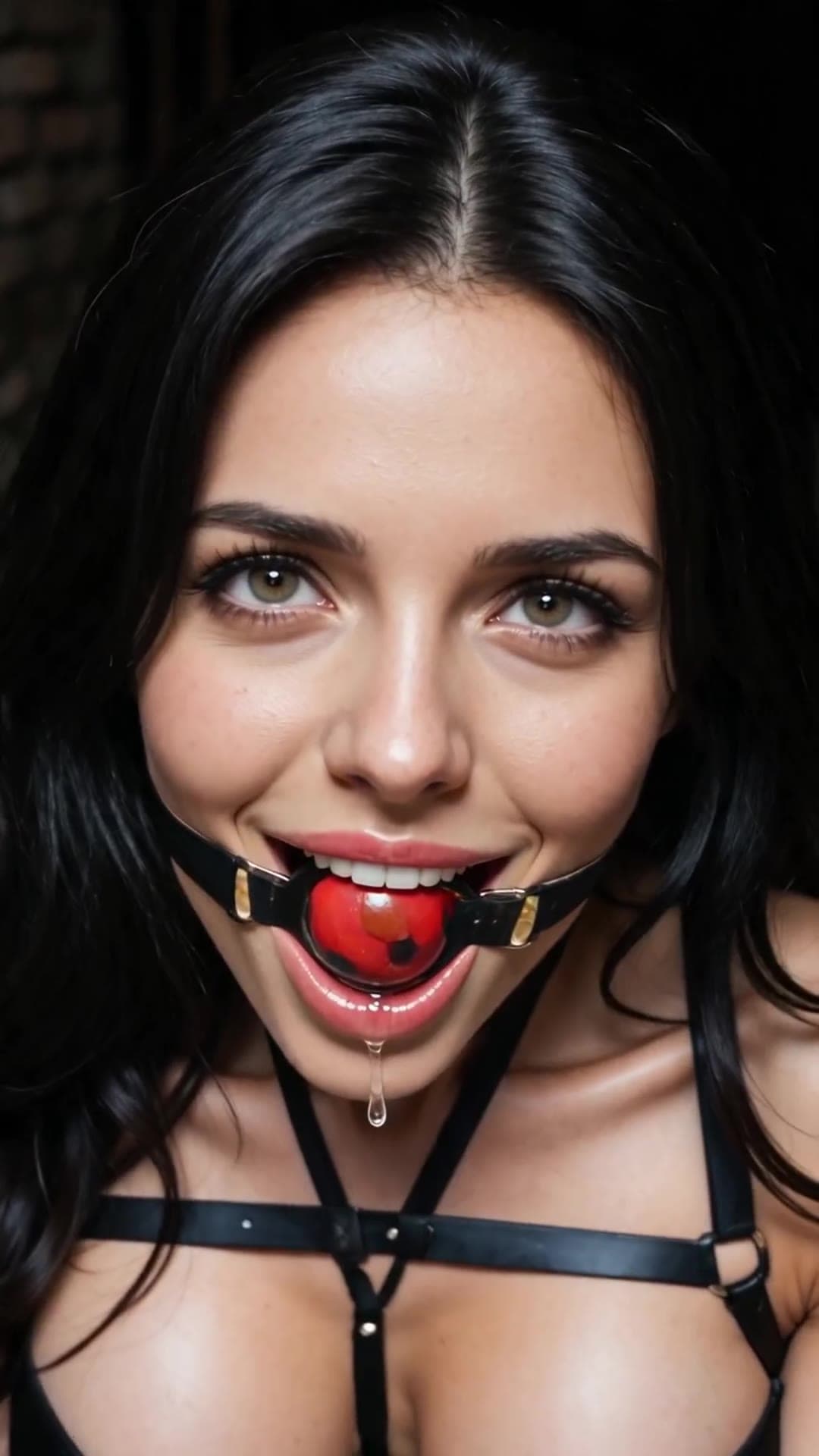 Black ball gag leather harness POV