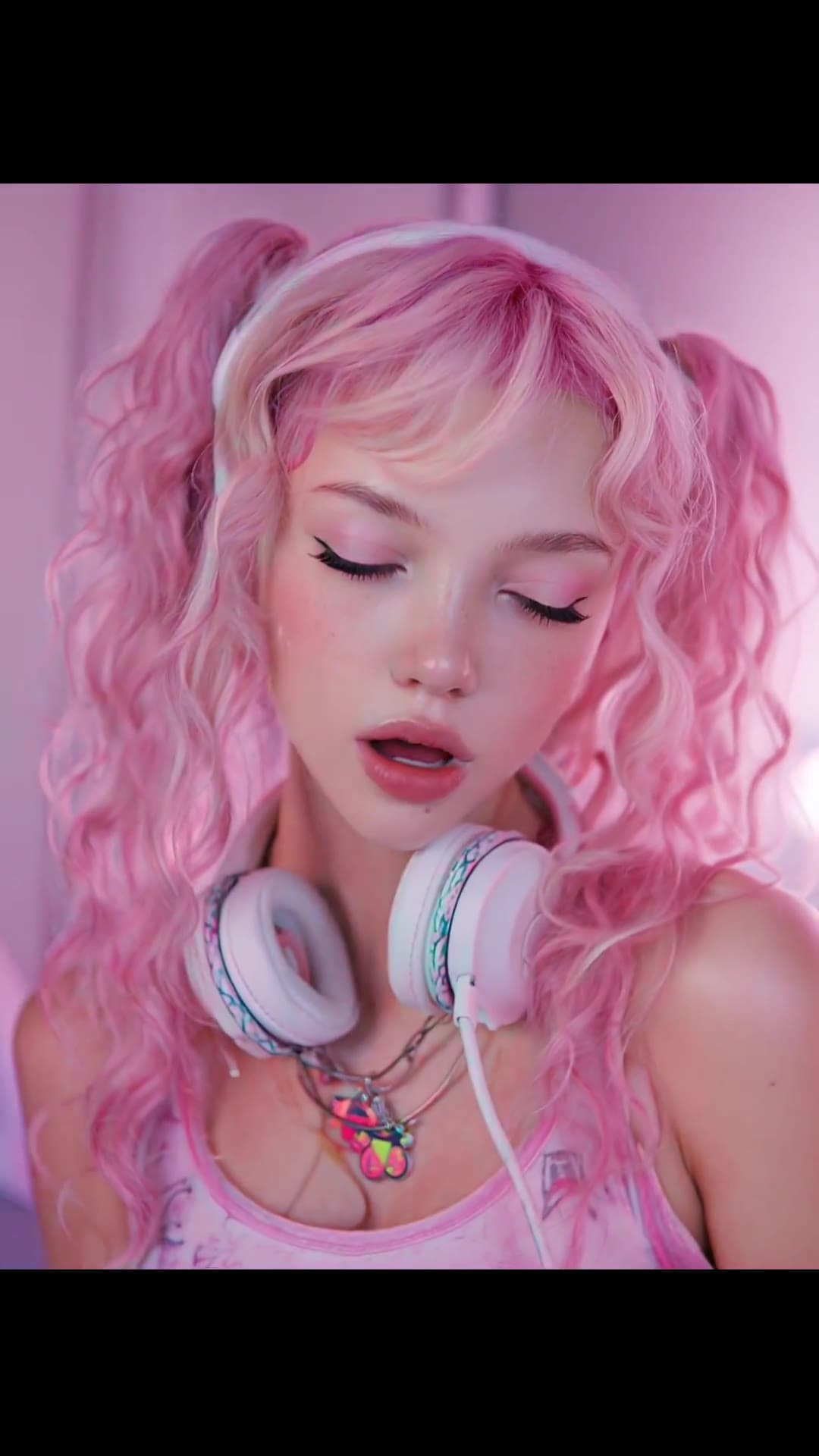 Pink pigtails in sheer top selfie