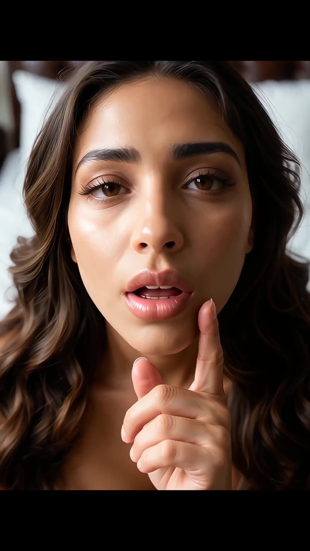 Brown eyes close-up in bedroom