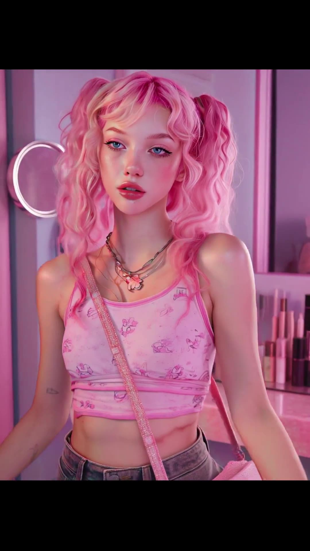 Pink lit vanity selfie in cropped tank