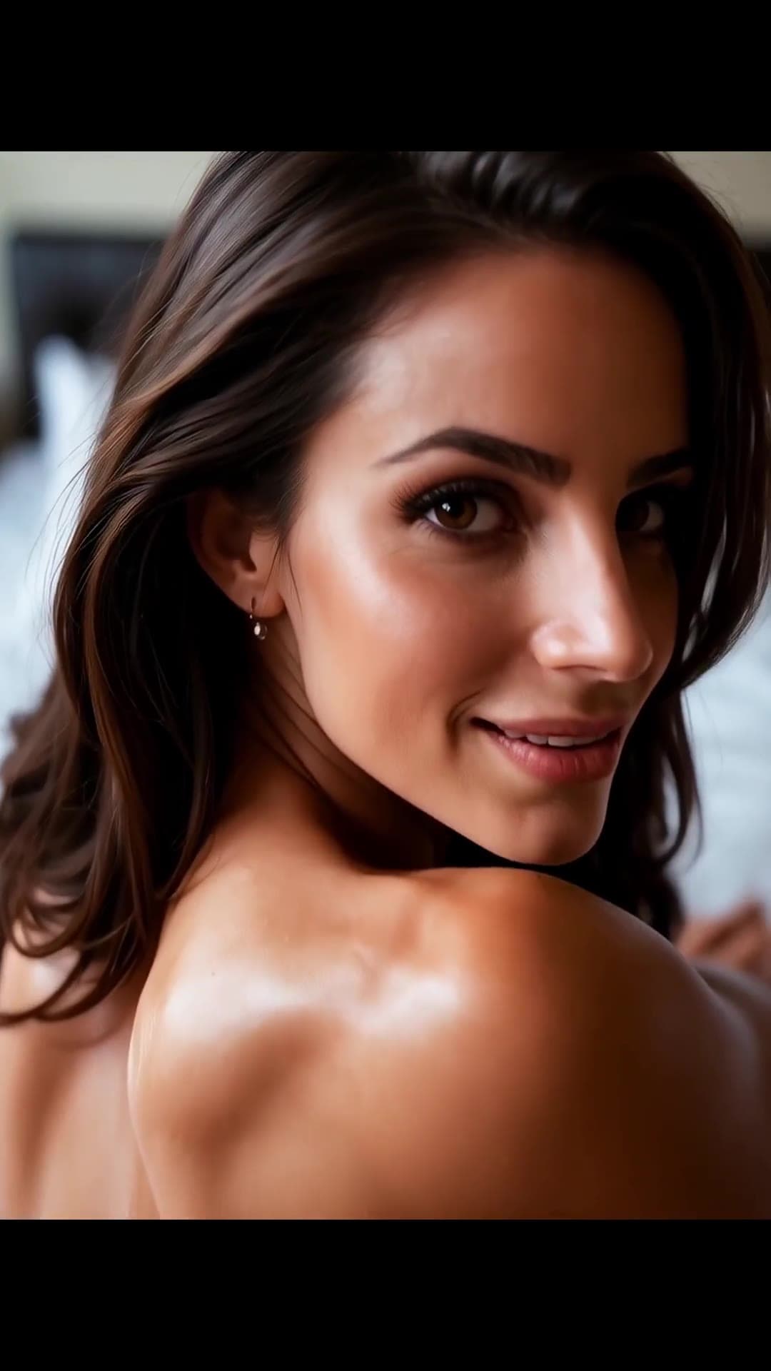 Oiled bare back over shoulder glance
