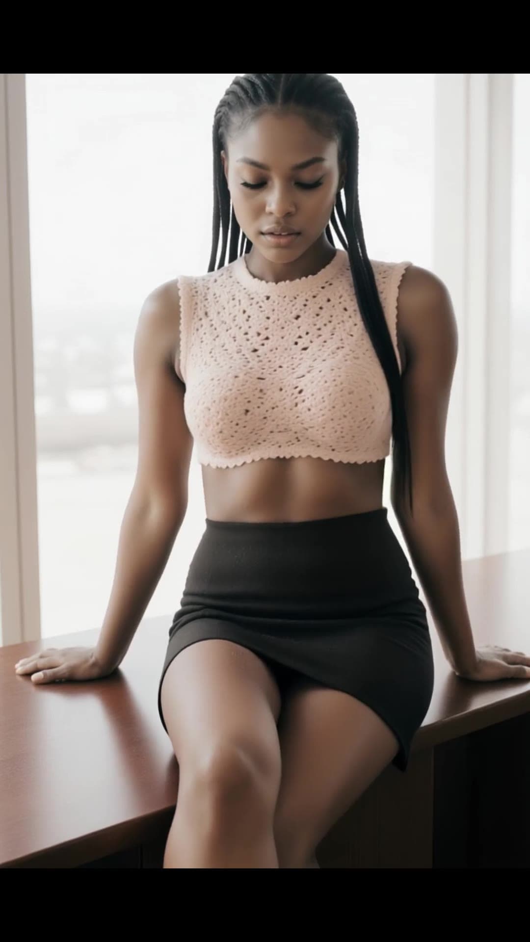 Curvy brunette in sheer pink crop top