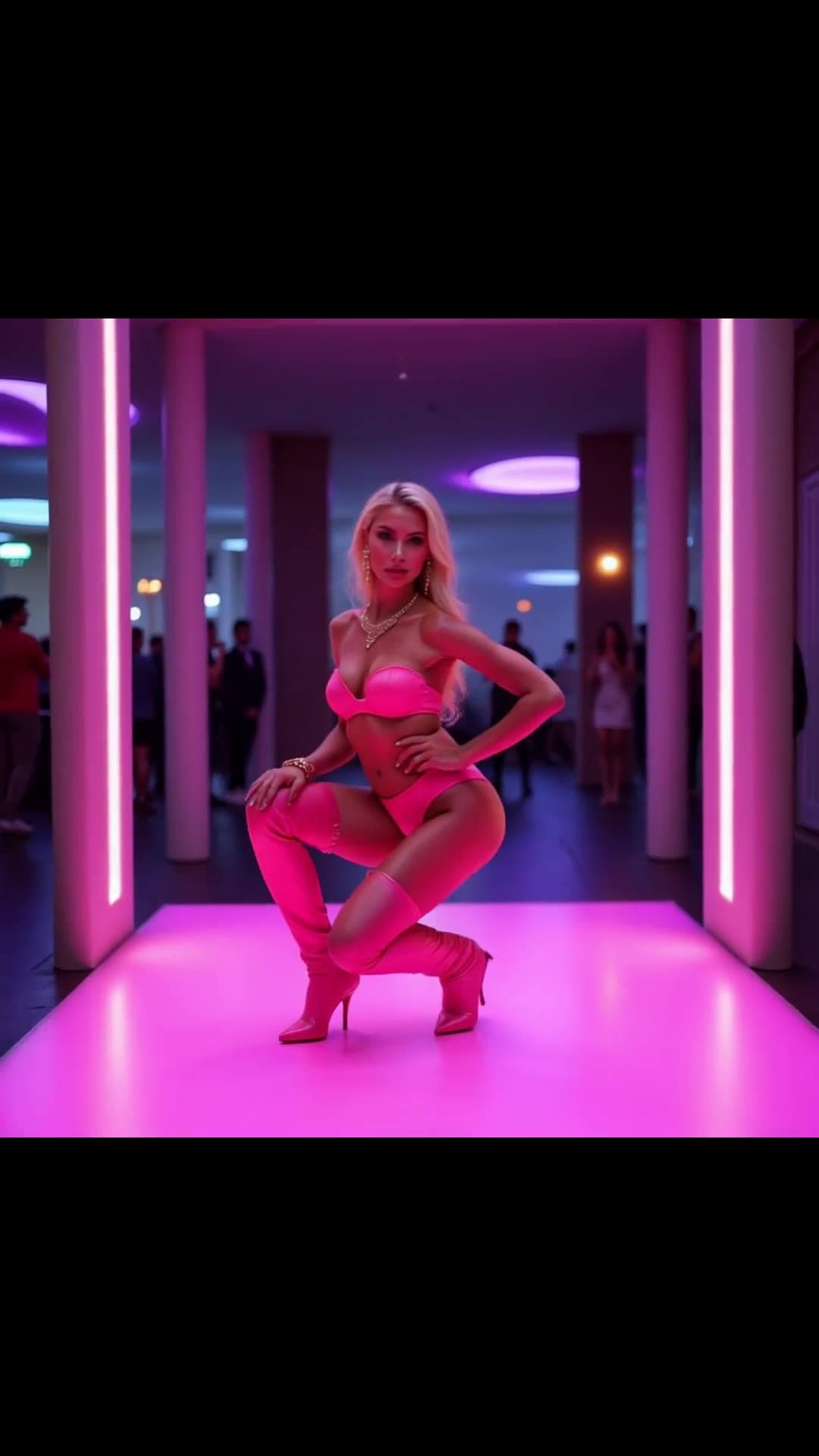 Young adult squats in pink neon
