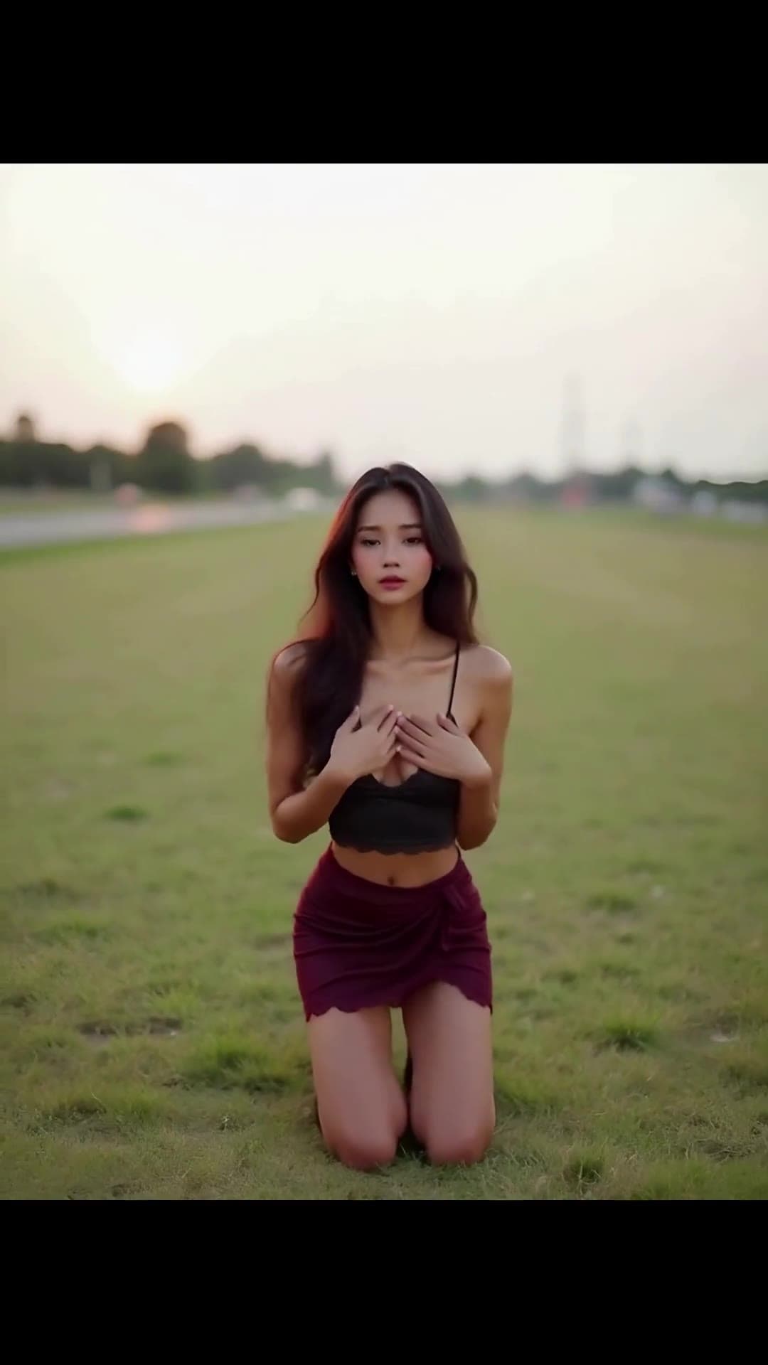 Outdoor sunset crop top squeeze