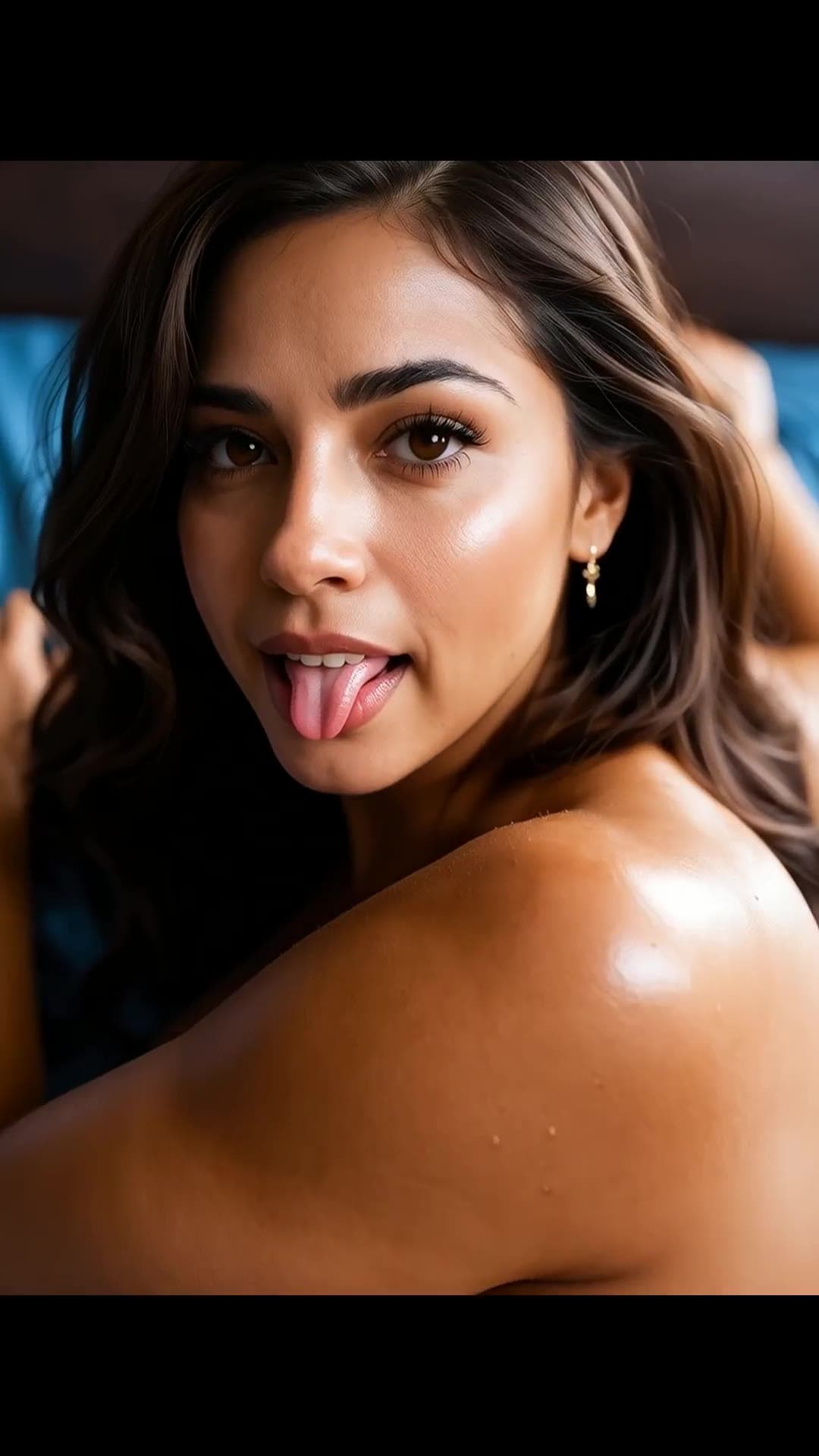 Low angle topless bedroom selfie