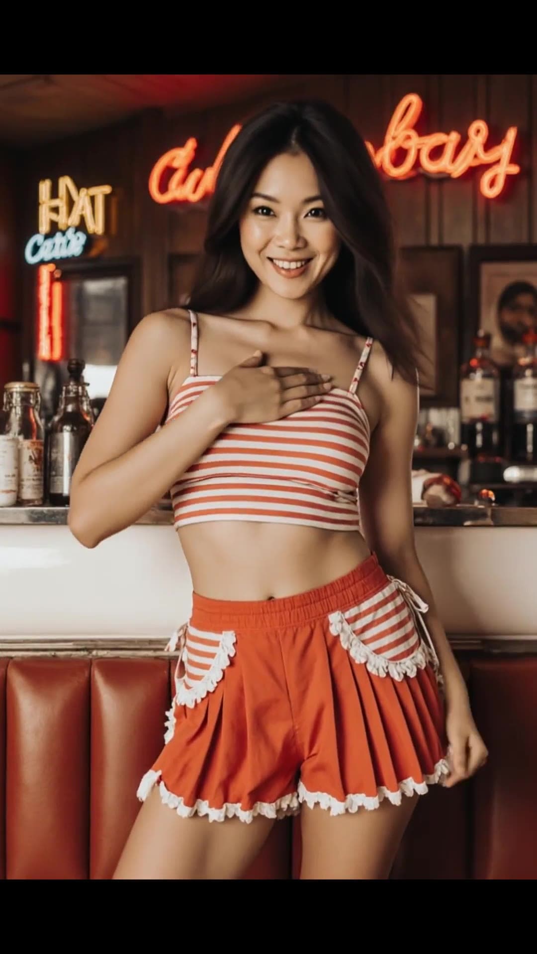 Retro bar pose in striped crop top