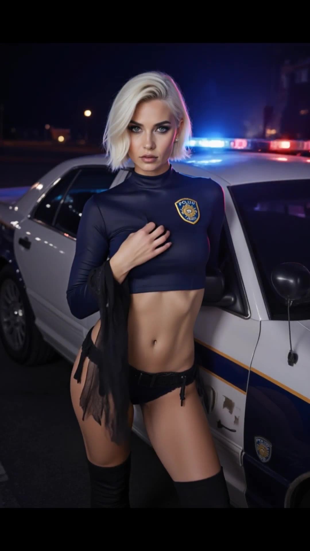 Platinum blonde cop outfit on patrol car
