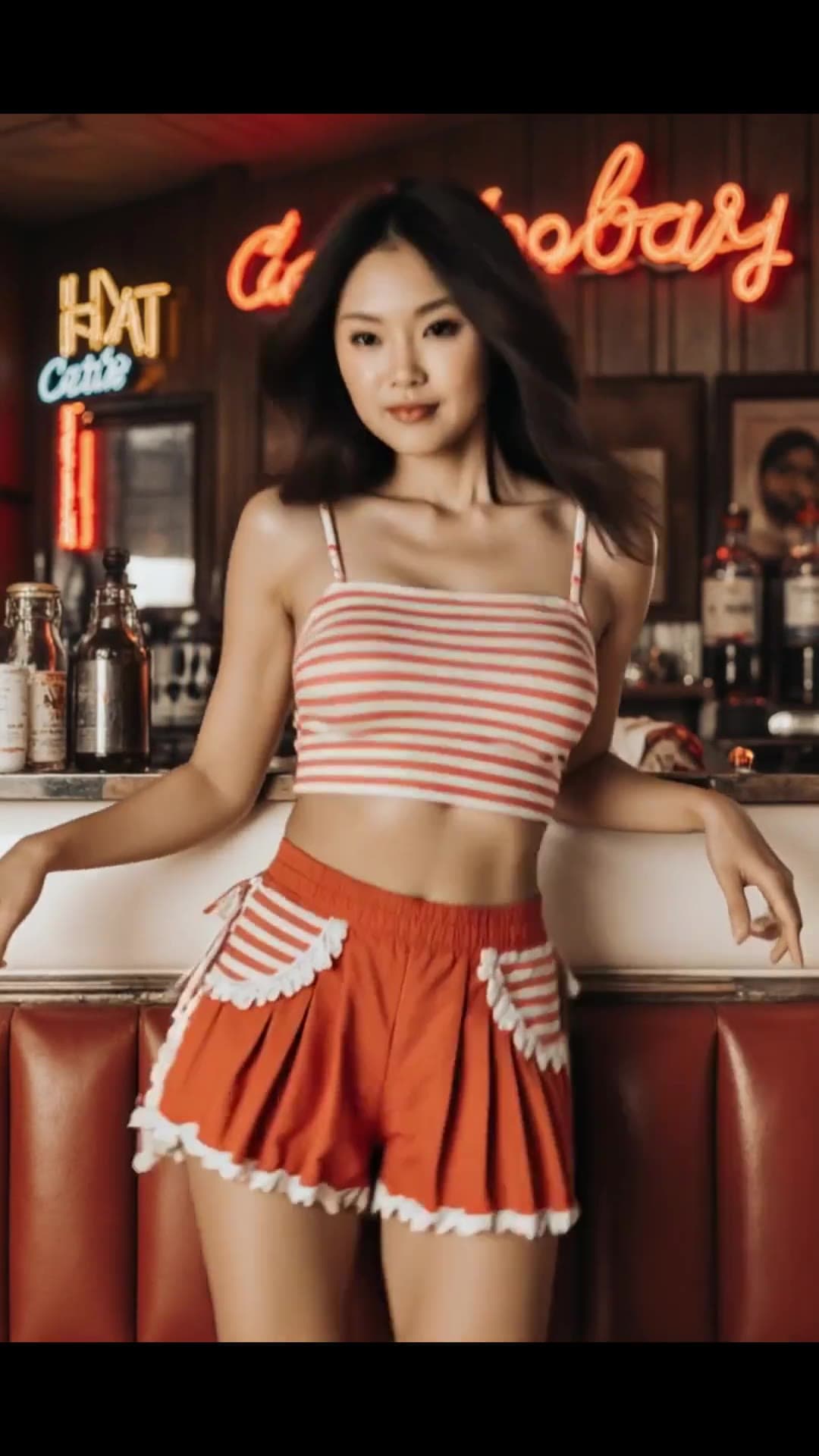 Slim asian toned abs in retro diner
