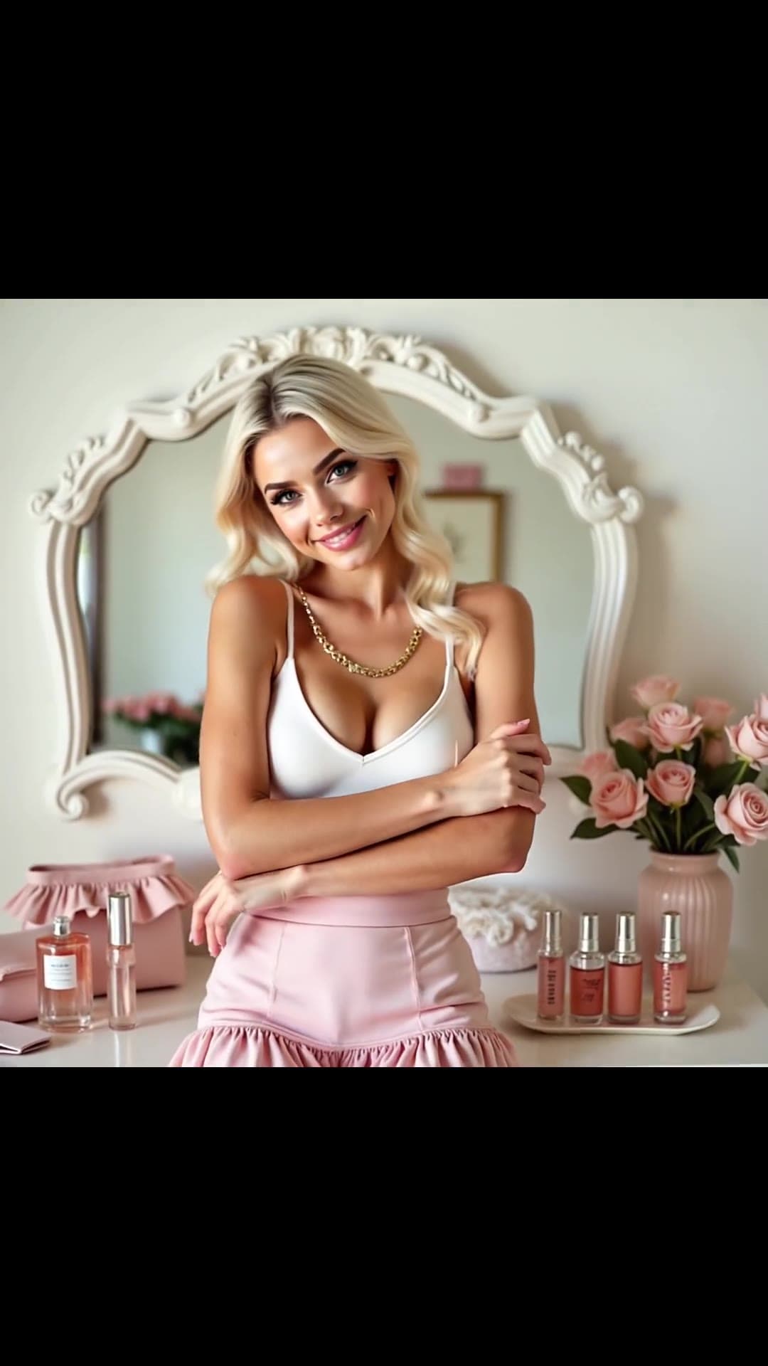 Vanity mirror white camisole pose