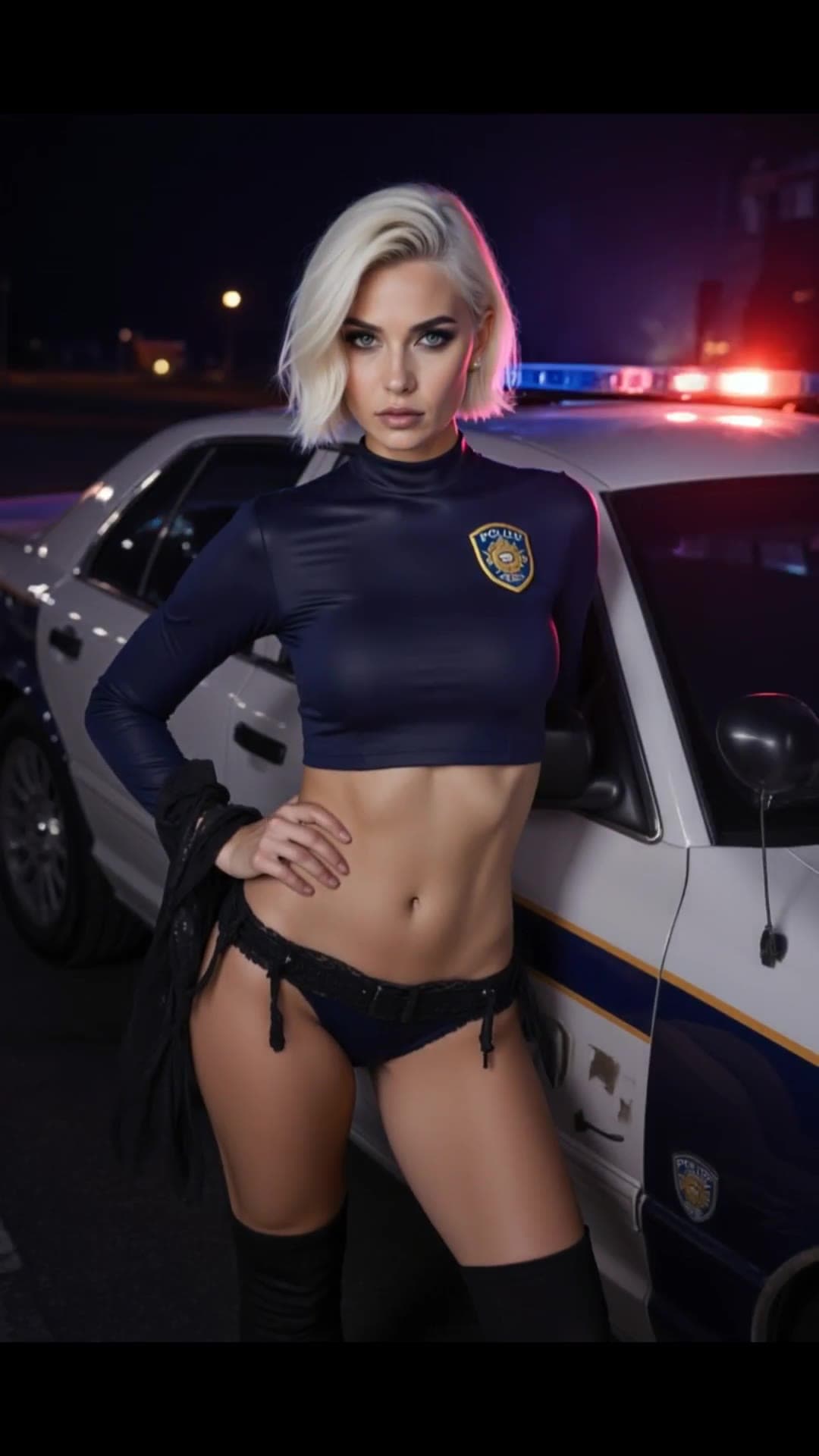 Young adult cop outfit by patrol car