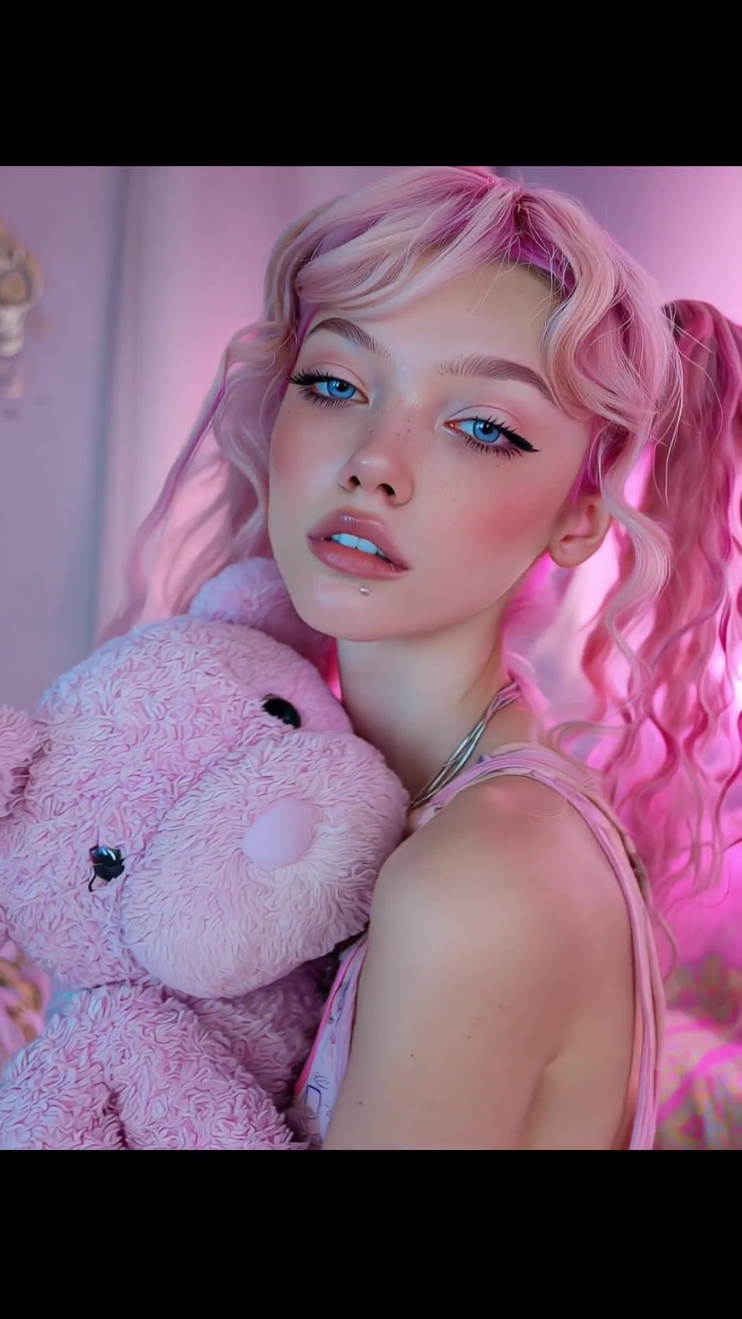 Pink pigtails selfie with teddy bear