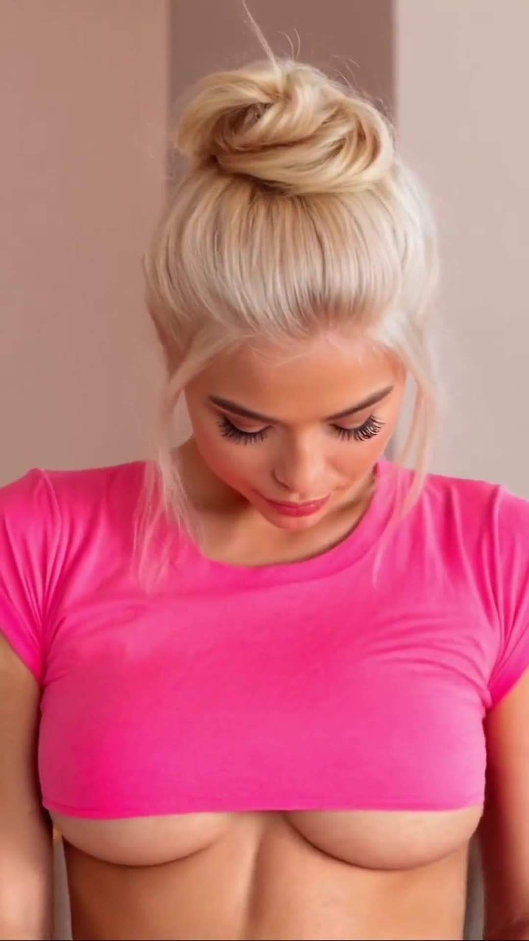 Big natural tits in pink crop top