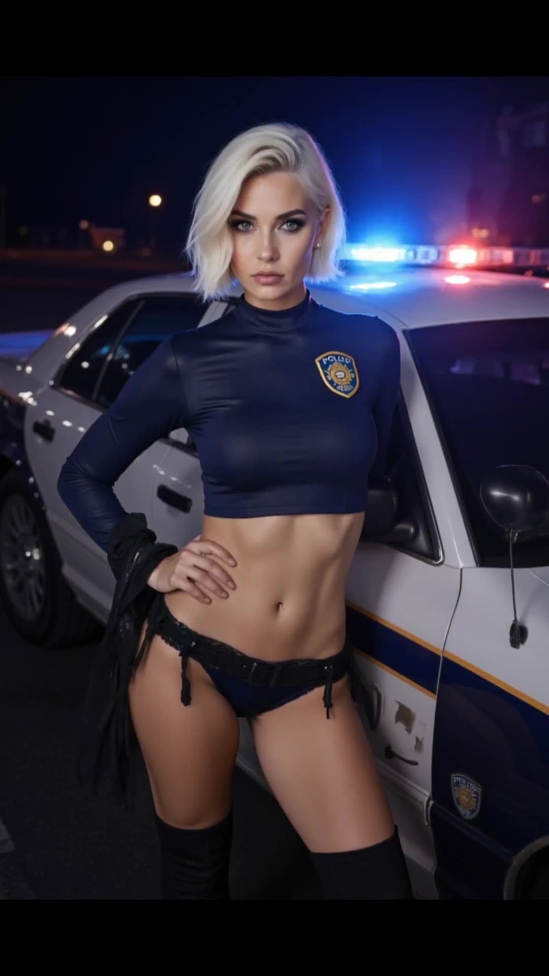 Blonde cop costume police car pose