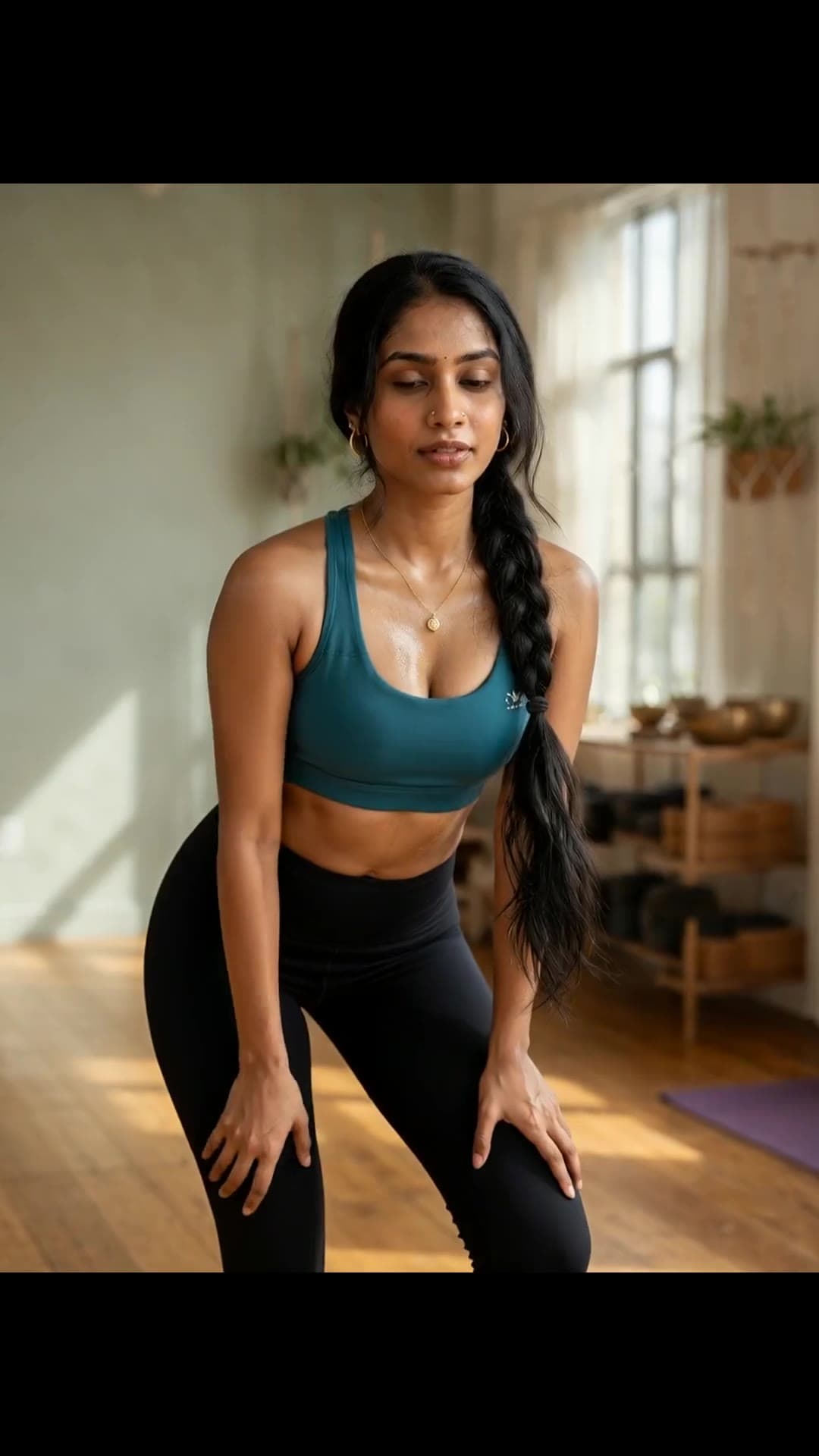 Young adult trainer in teal sports bra