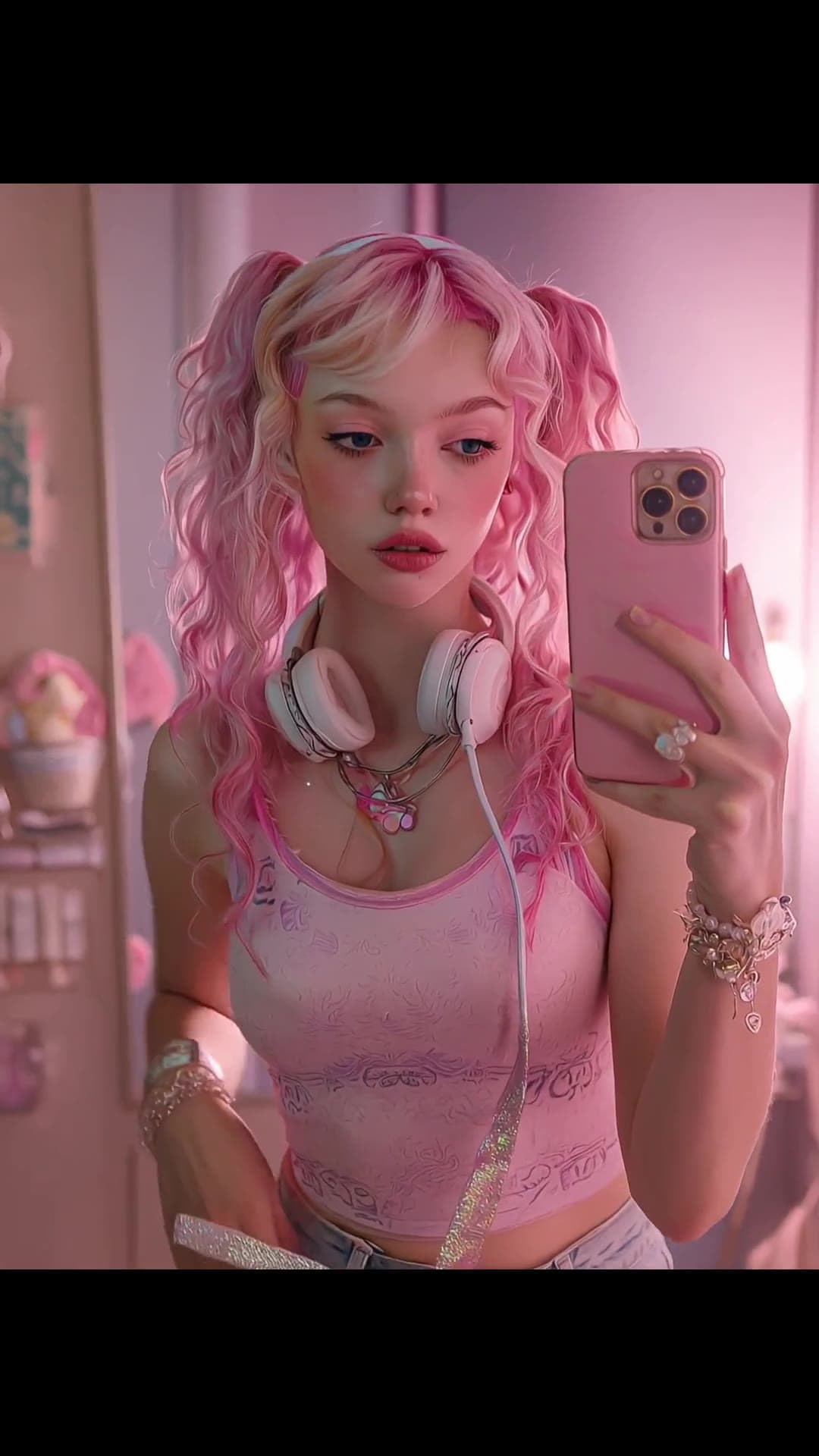 Pink crop top mirror selfie in bedroom