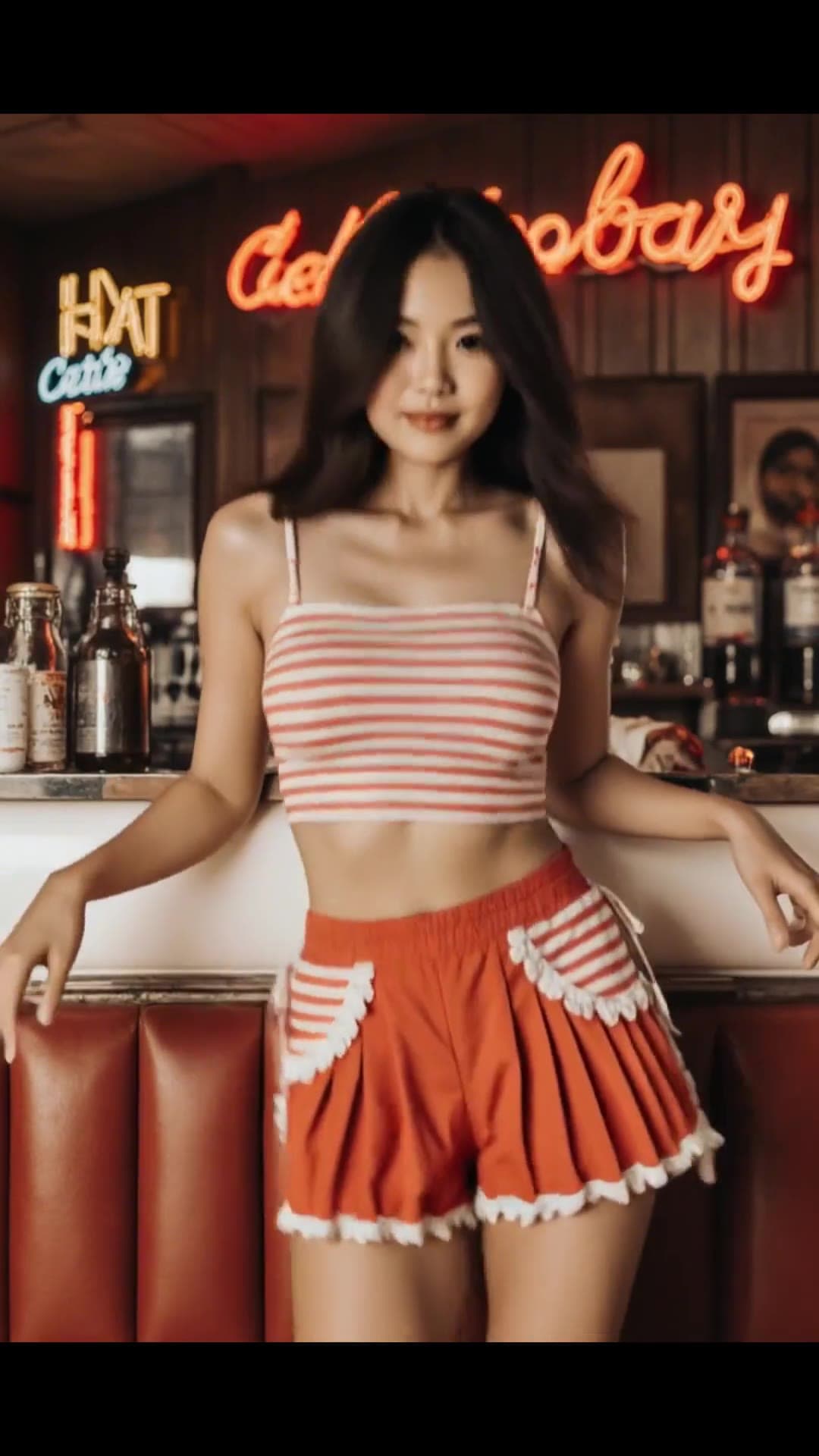 Red crop top at neon bar